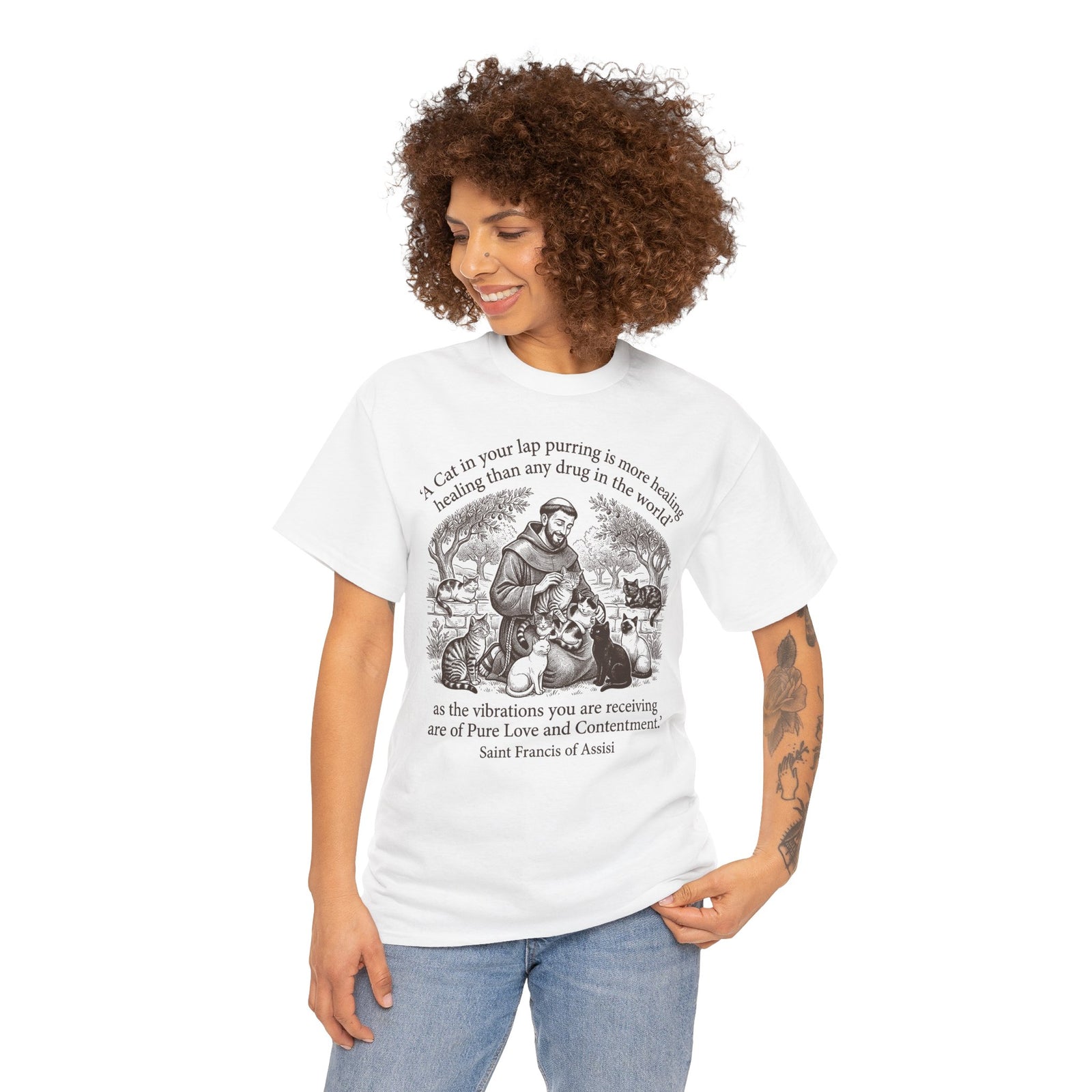 Saint Francis Vintage Graphic Tee — "A Cat in Your Lap Purring" Spiritual Animal Lover Shirt