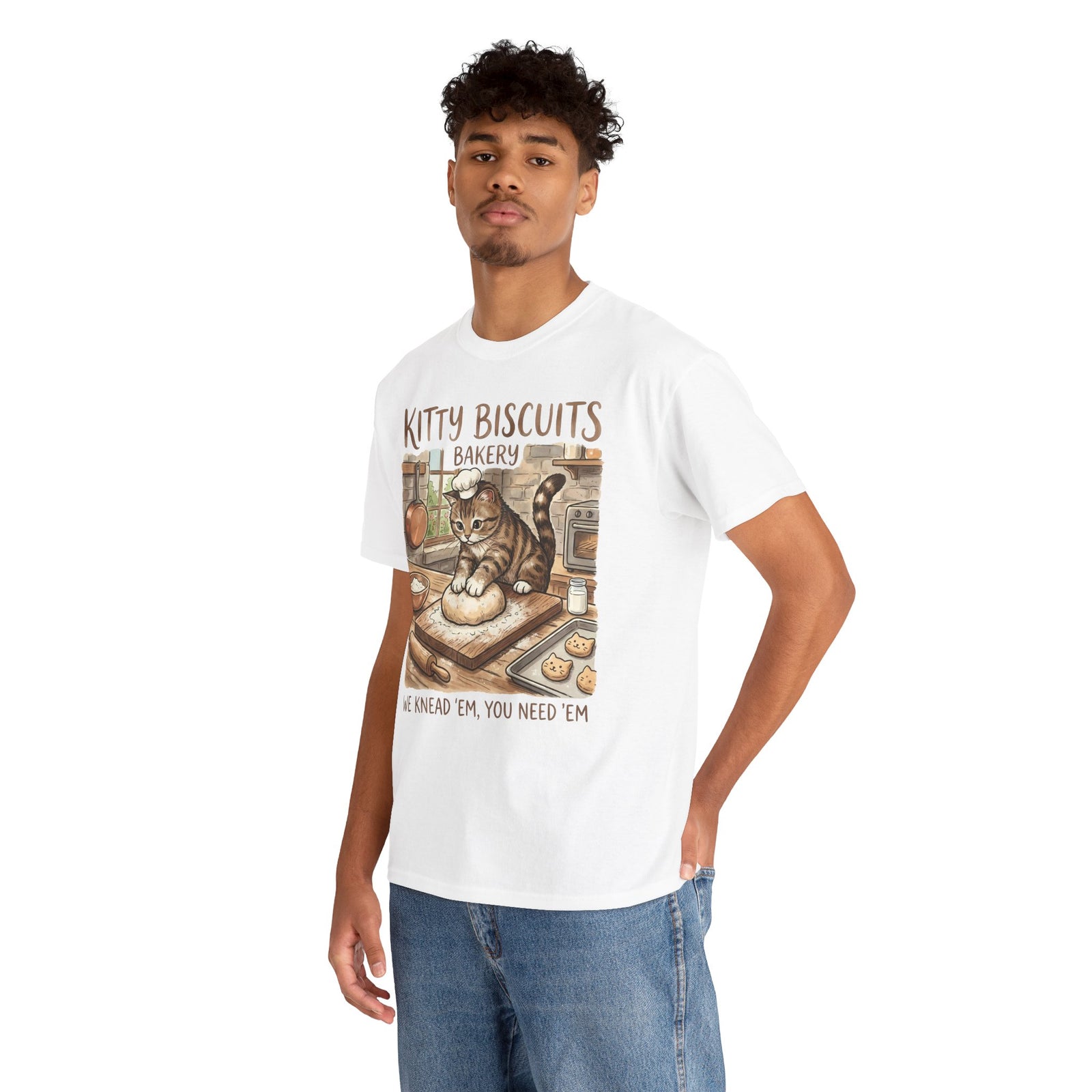 Kitty Biscuits Bakery T-Shirt — "We Knead 'Em We Need 'Em" Cat Bakery Tee