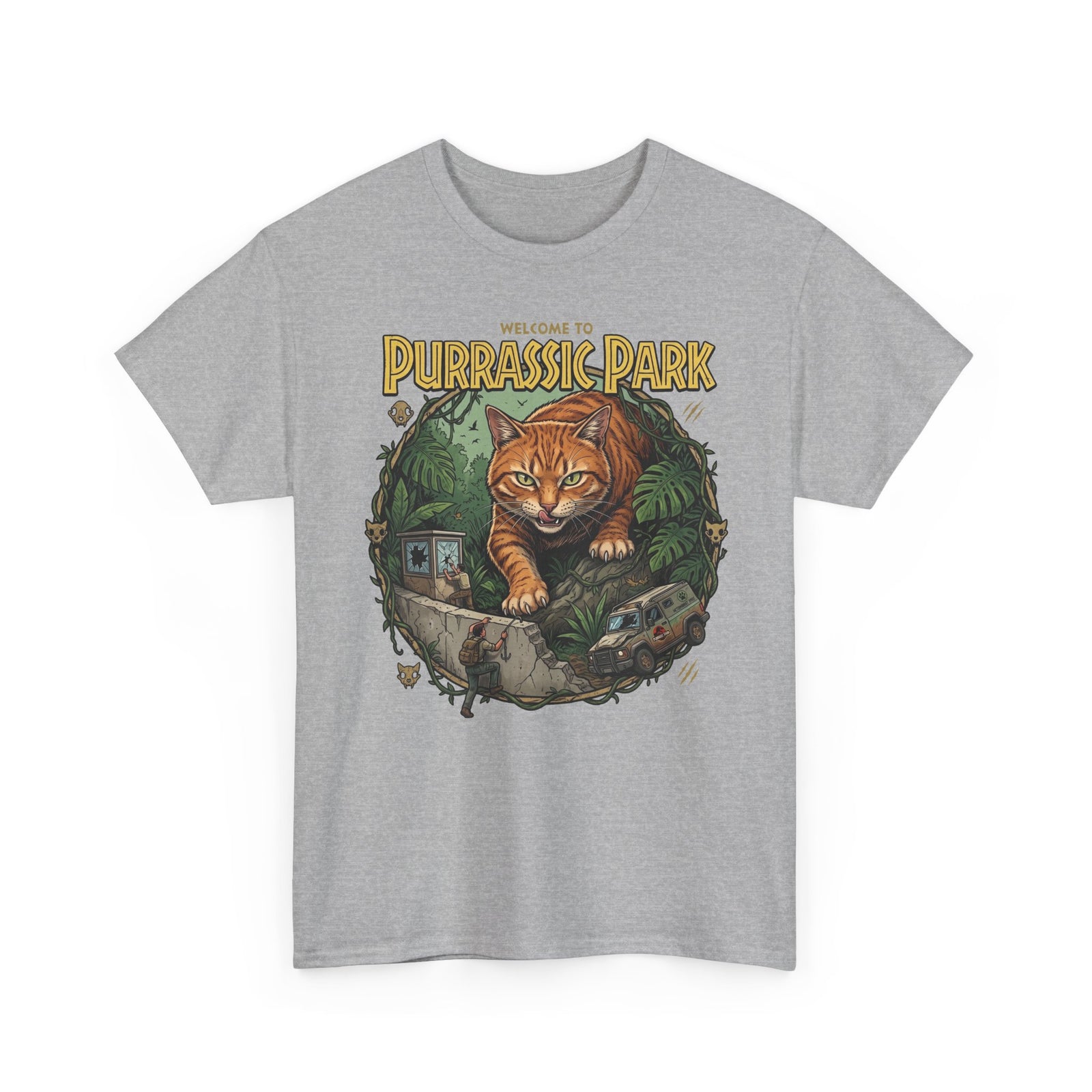 Purrassic Park Cat T‑Shirt — Retro Dino-Parody Graphic Tee