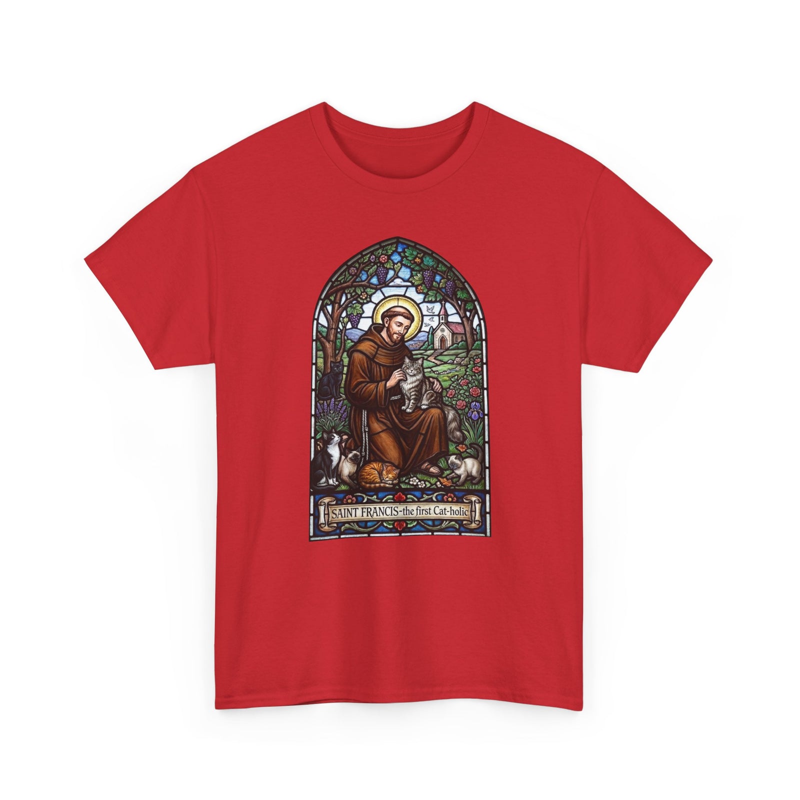 Saint Francis Cat T-Shirt — "SAINT FRANCIS — the first Cat-holic"
