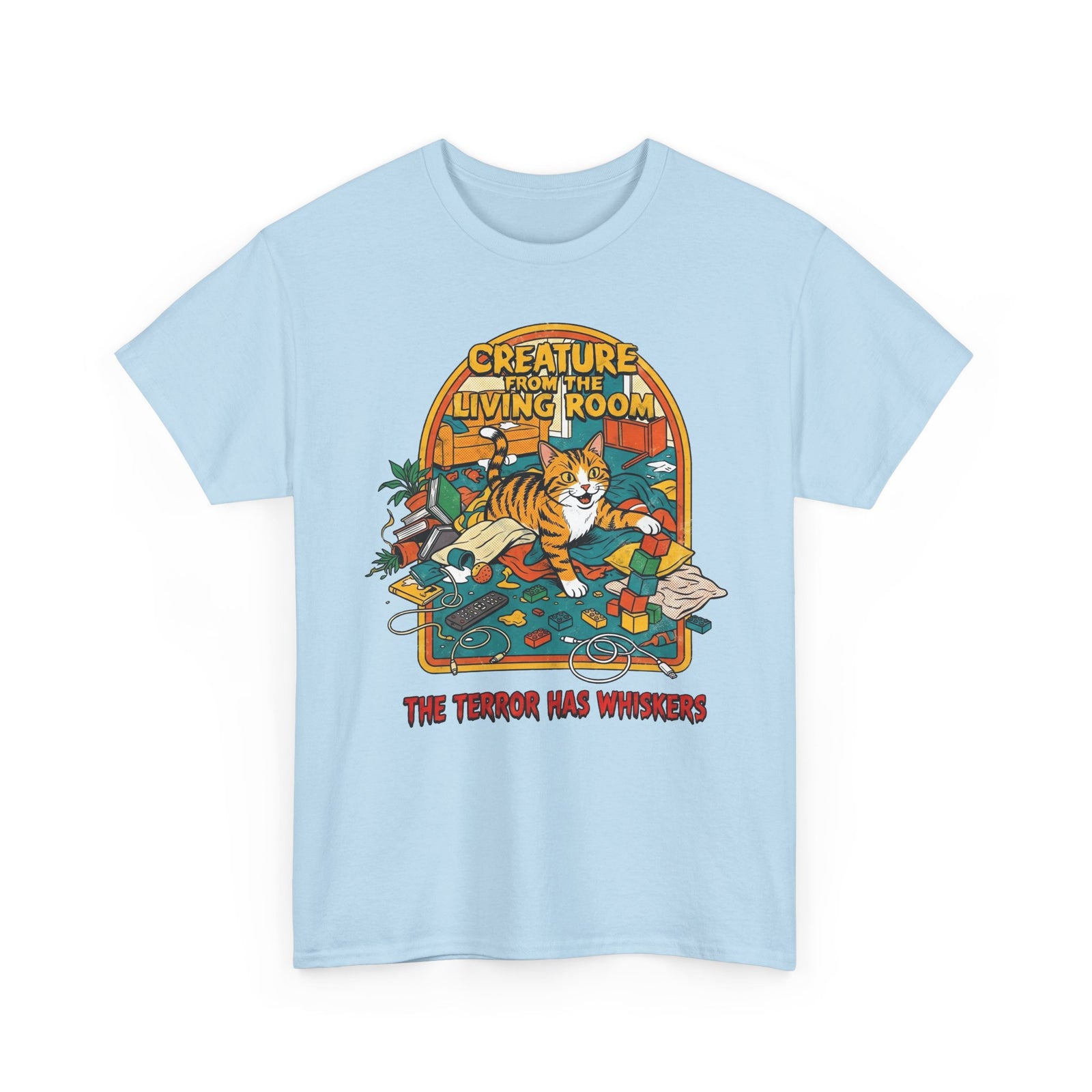 Cozy Living Room Cat Tee — Retro Sunlit Illustration Graphic Shirt