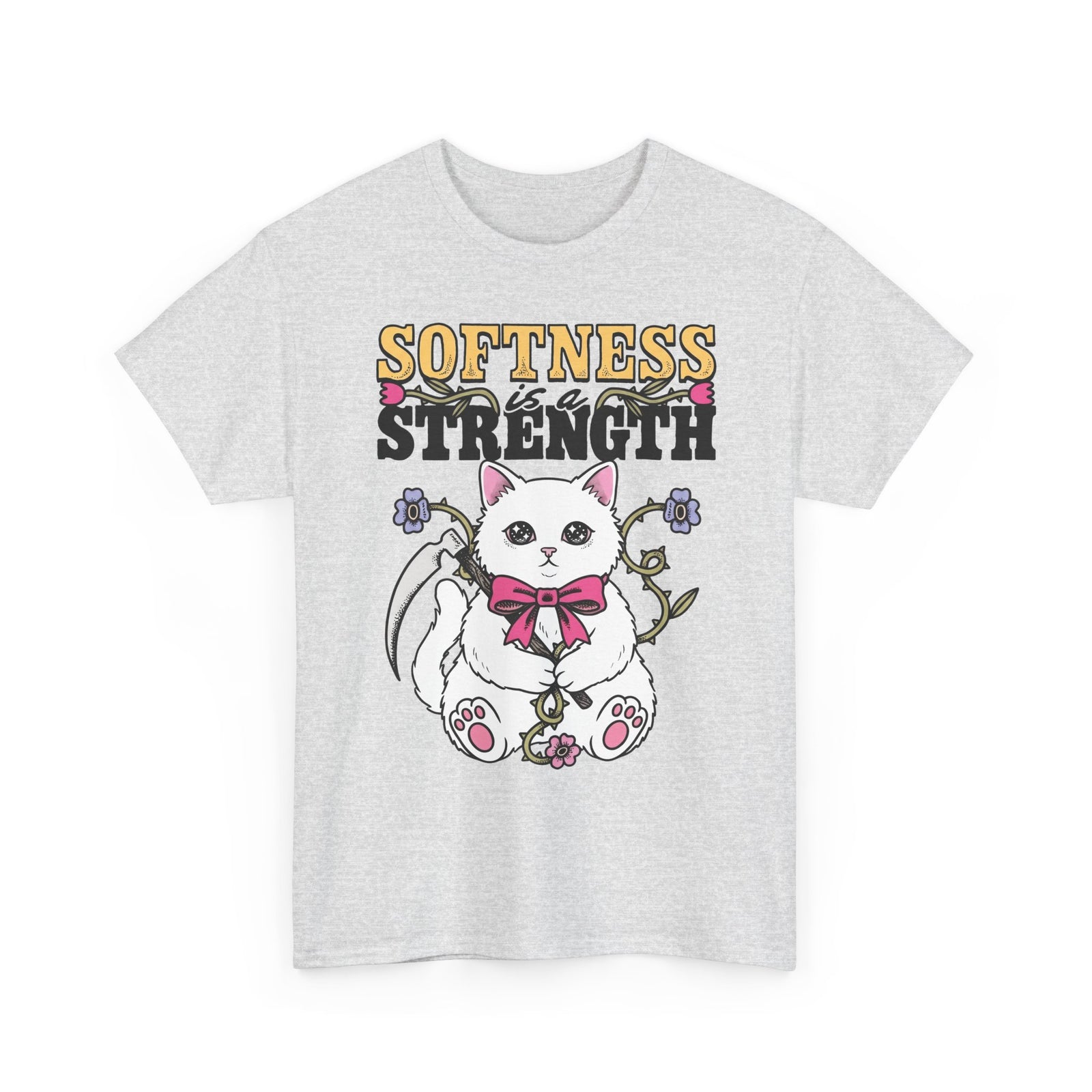 Softness Is A Strength T-Shirt — Funny Cute White Kitten Scythe Graphic Tee