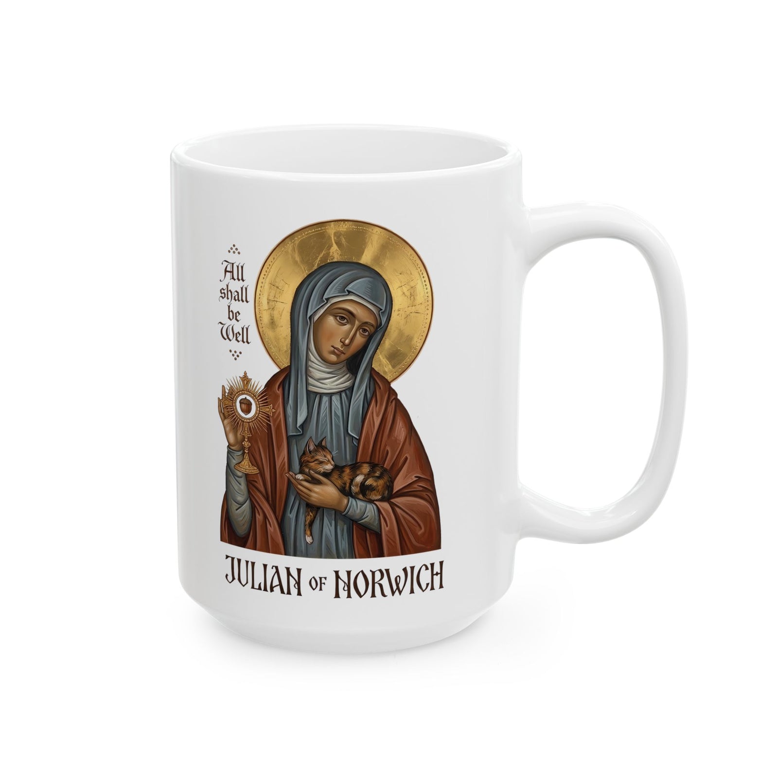 Julian of Norwich & Cat Ceramic Mug — Spiritual Saint Mug for Cat Lovers