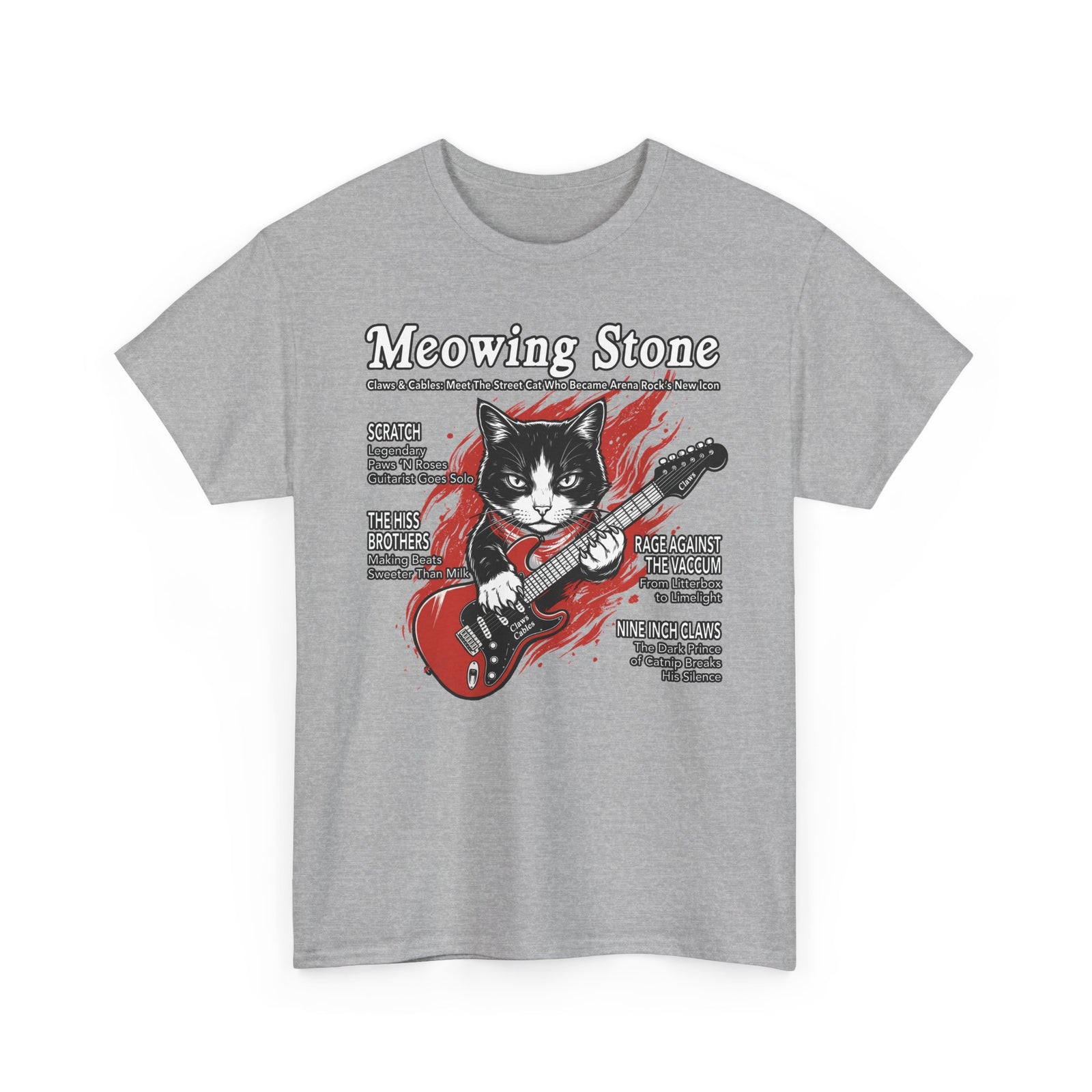 Meowing Stone Guitar Cat T-Shirt — Rock Band Cat Graphic Tee