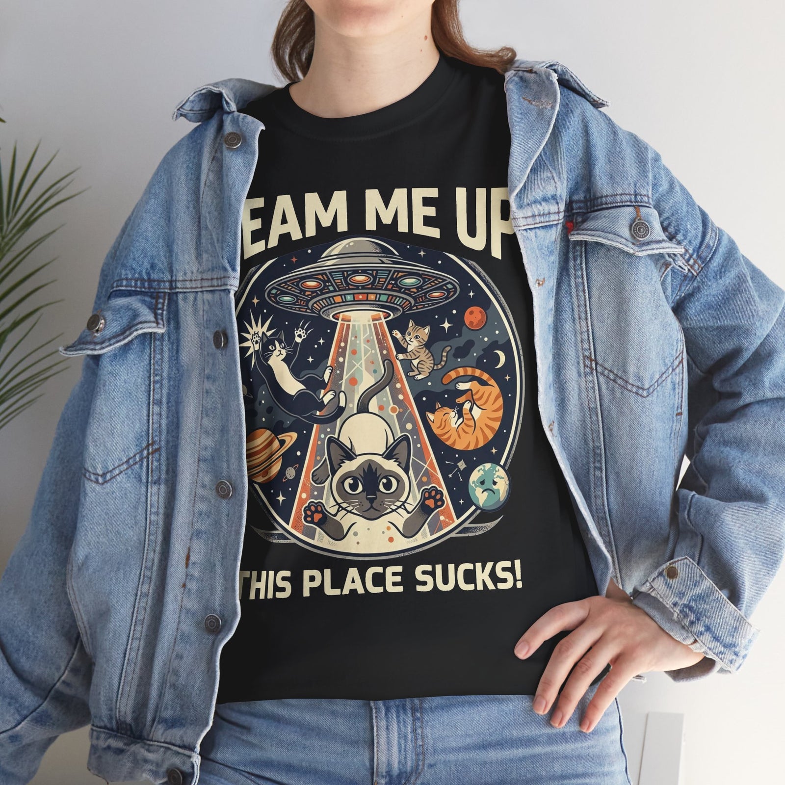Cat UFO T-Shirt – "Beam Me Up, This Place Sucks" Retro Space Tee