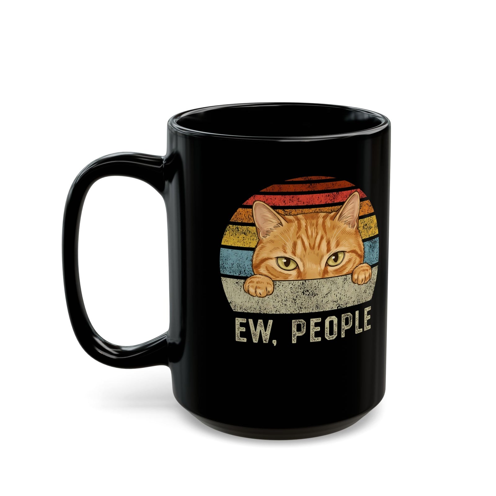 Ew People Orange Cat Black Mug — Funny Retro Sunset Introvert Graphic Mug