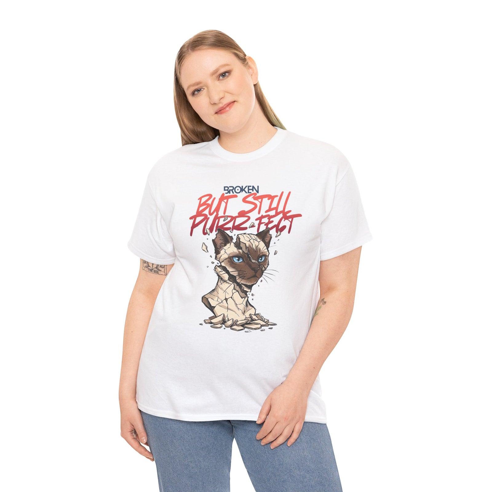Funny Cat T-Shirt — "Broken But Still Purr-fect"