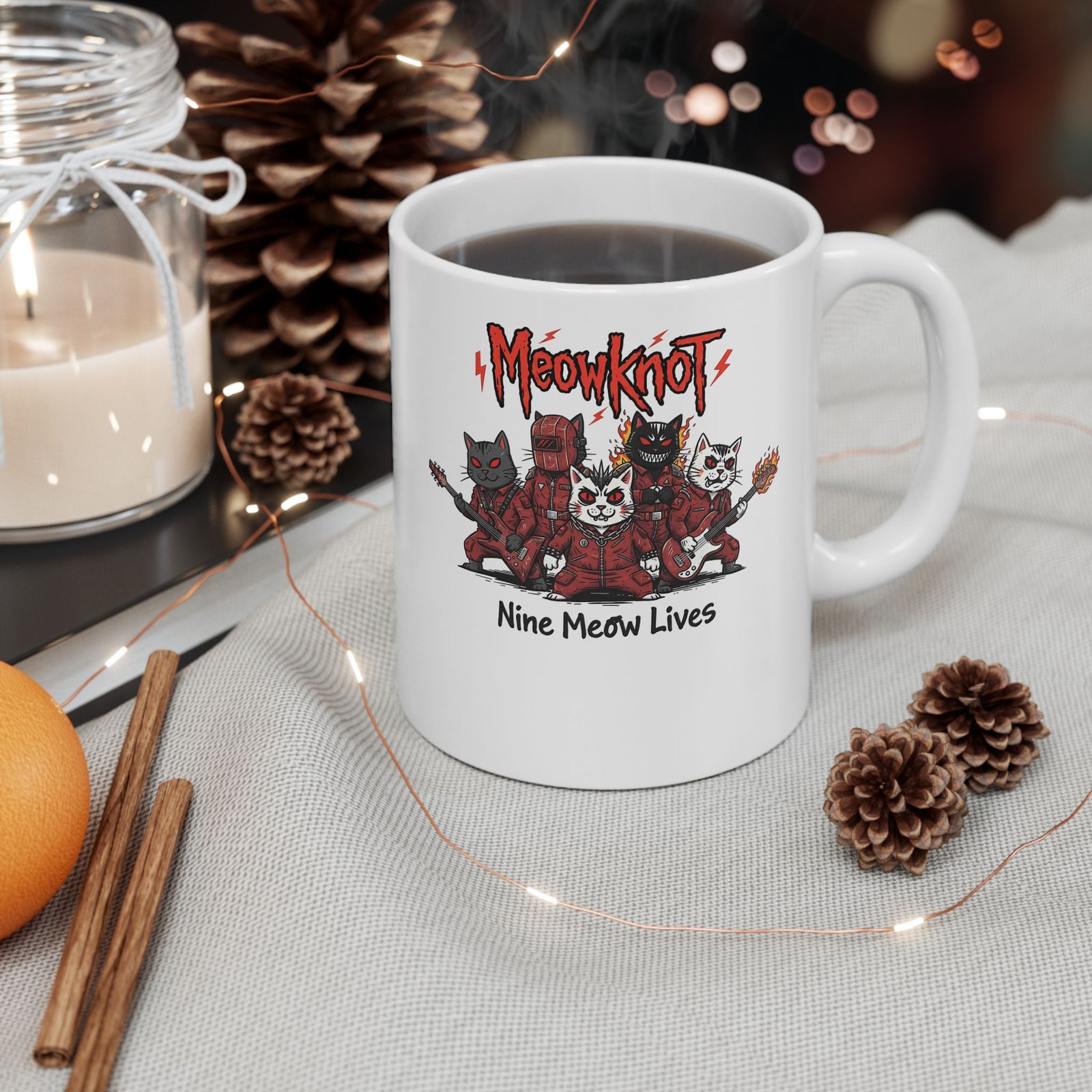 Meowknot Cat Band Ceramic Mug — Cute Musical Cat Graphic Mug