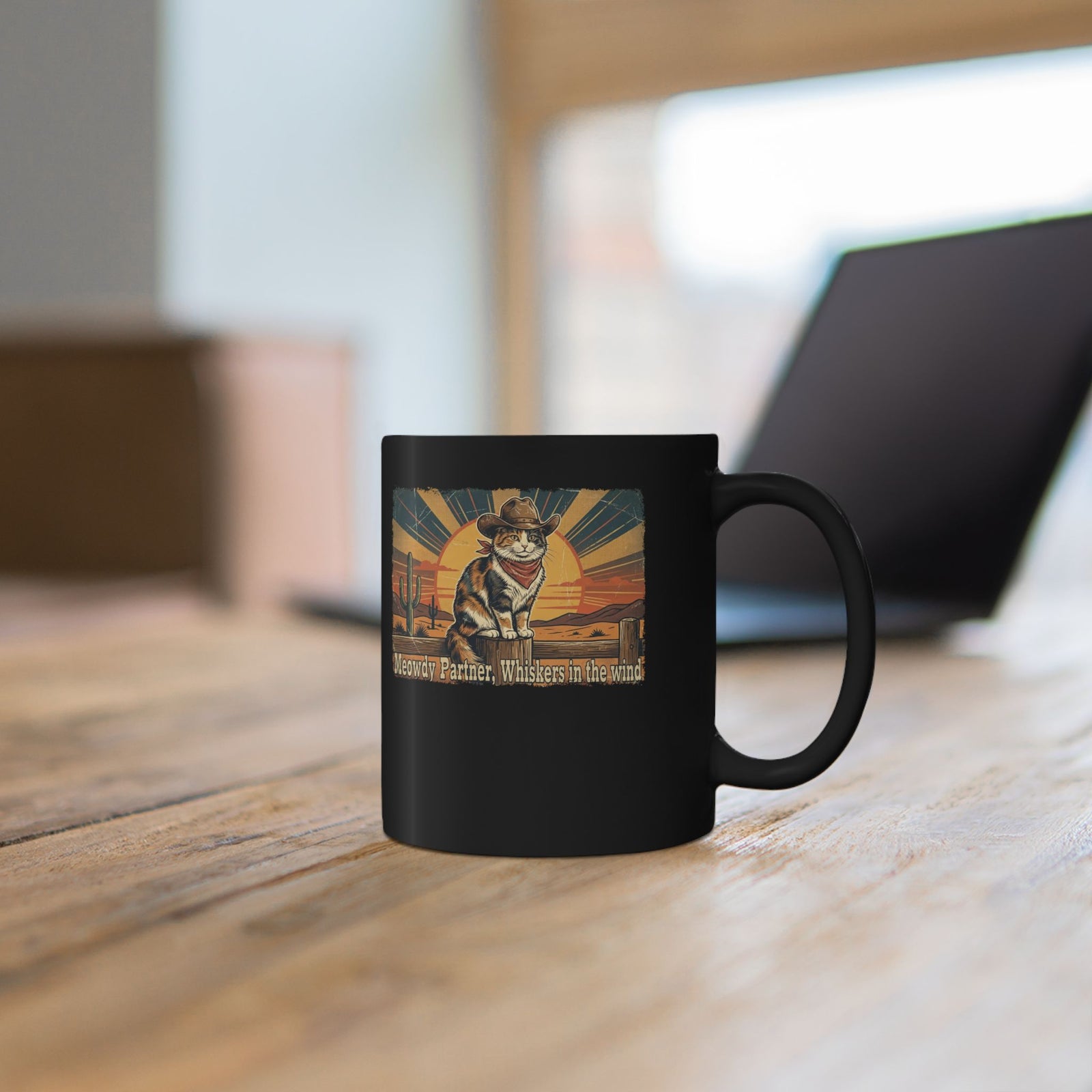 Meowdy Partner Black Mug — Cute Cat Cowboy Graphic Mug