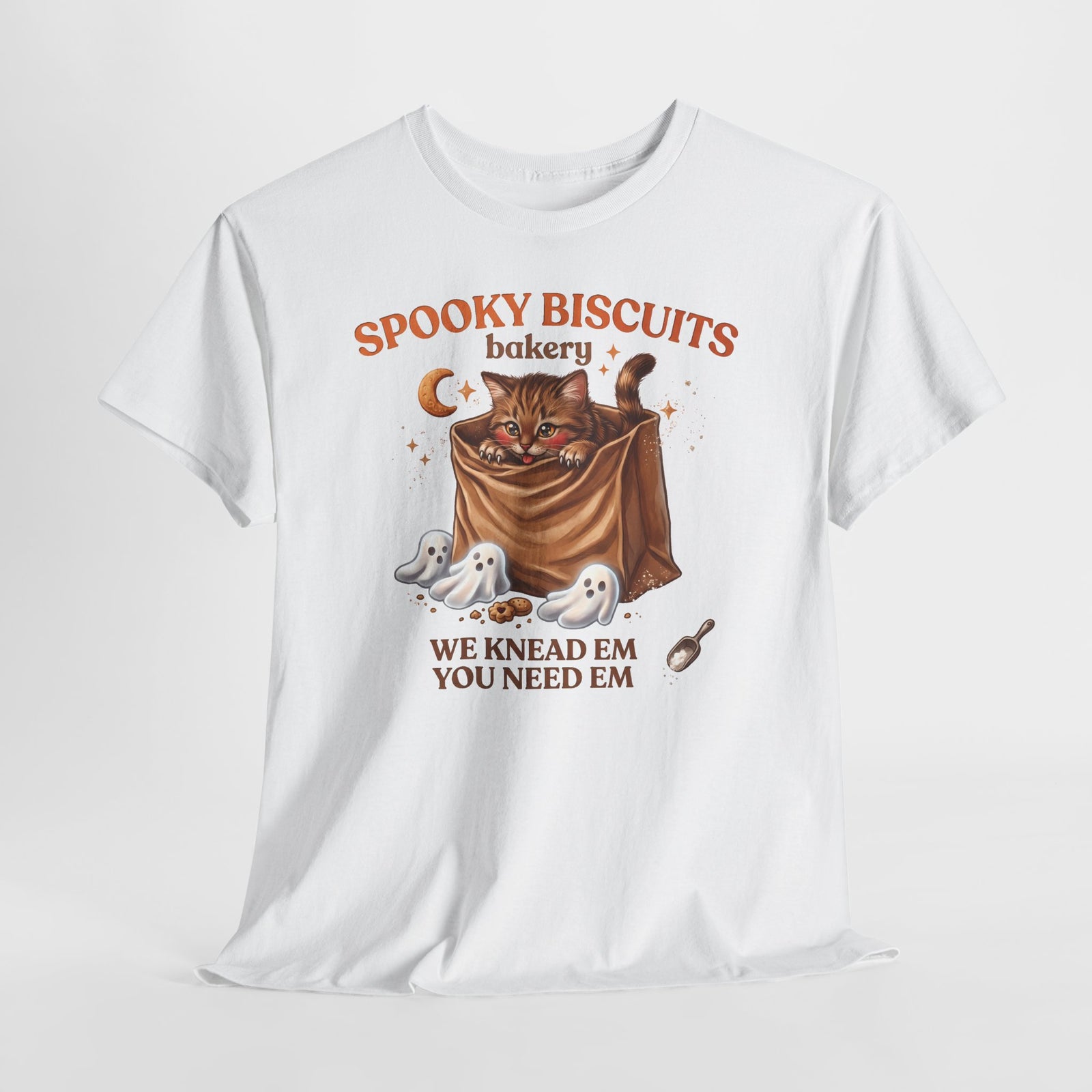 Spooky Biscuits Bakery Cute Tabby Cat T-Shirt — Whimsical Kneading Feline Tee