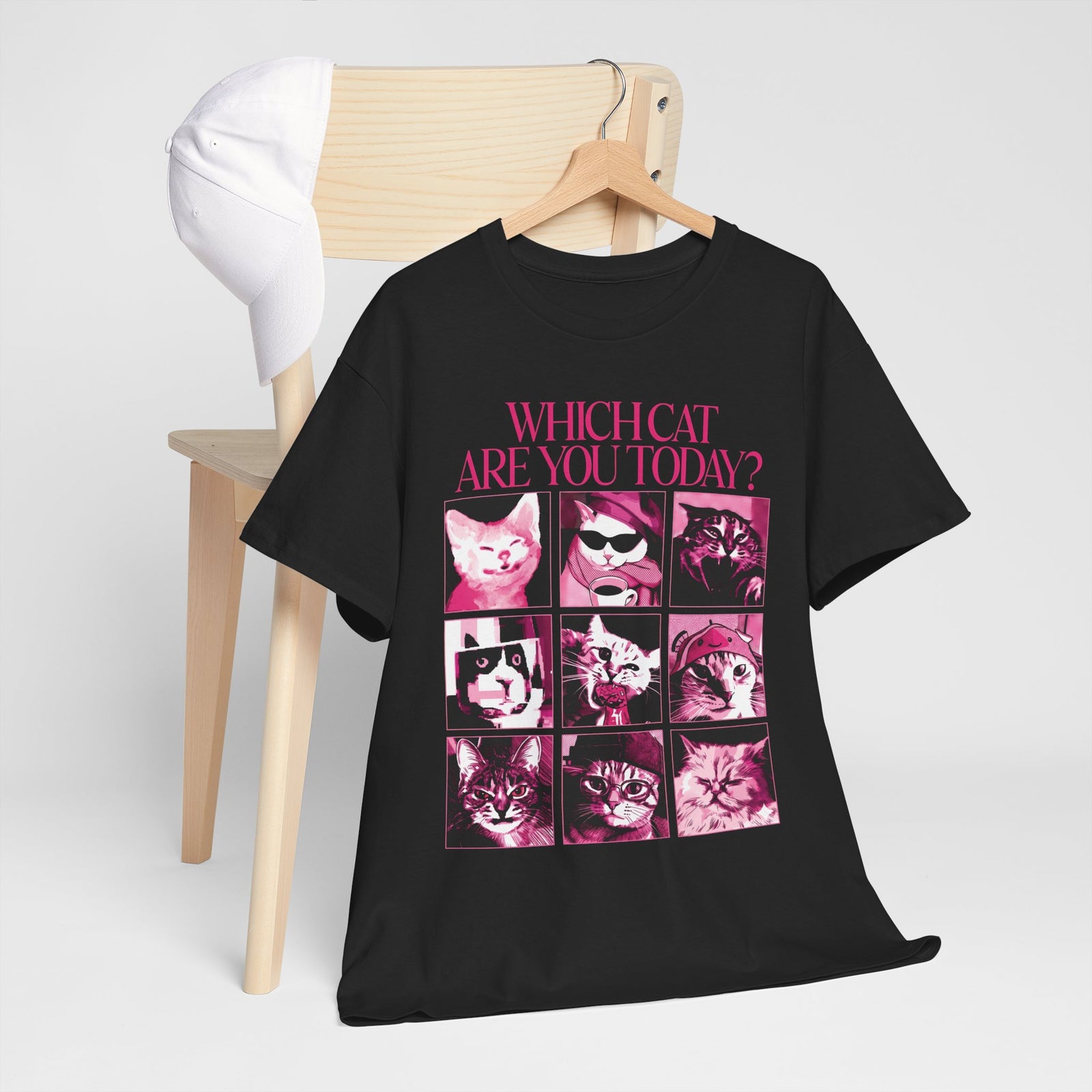 Cat Mood Chart T-Shirt — Pink Pop Art Feline Expressions Graphic