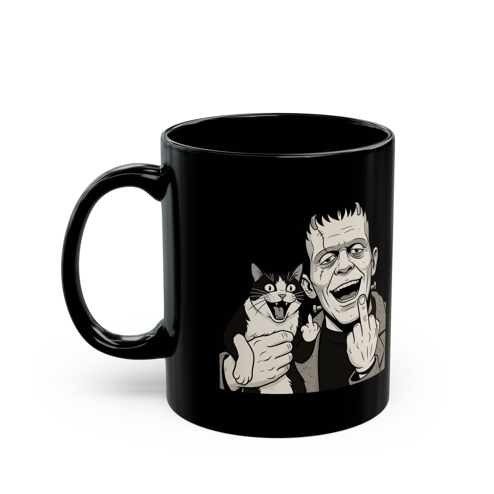 Frankenstein Cat T‑Mug — Cute Spooky Cat & Frankenstein Design