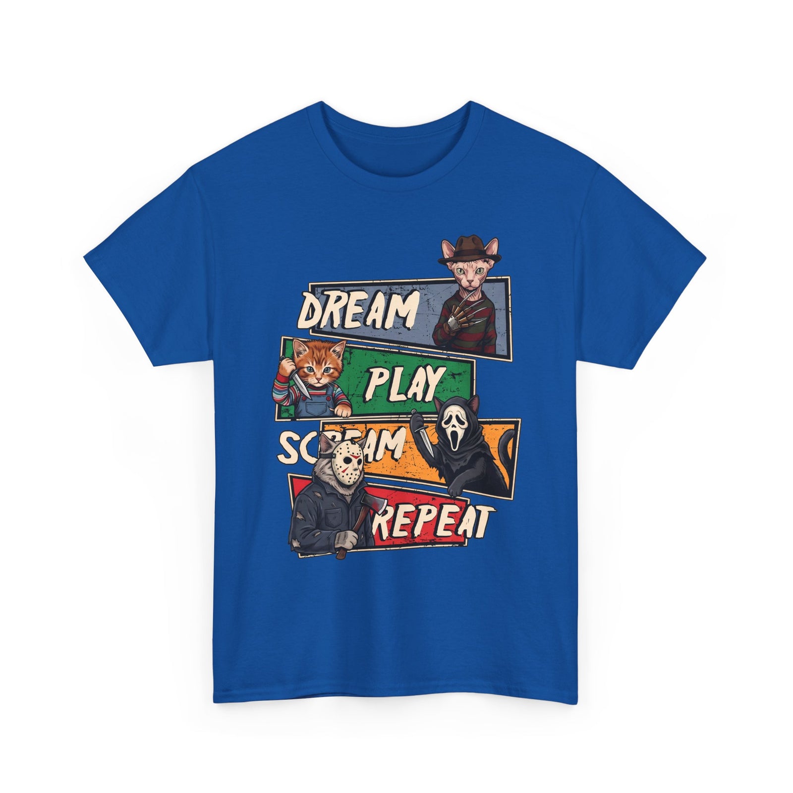 Dream Play Scream Repeat Horror Cats T-Shirt — Slasher Movie Icons Tee