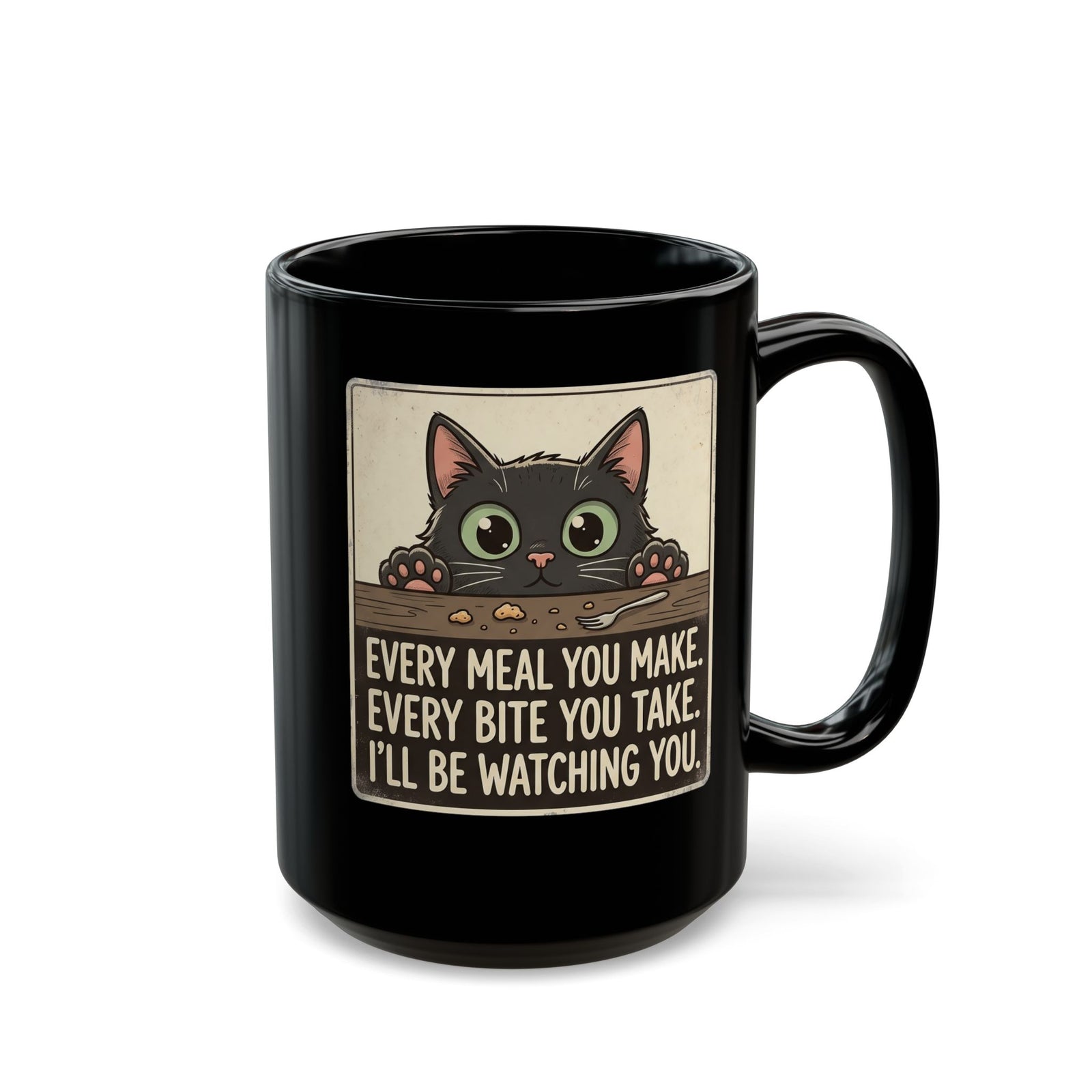 Cute Stalker Cat Watching You Black Mug — Funny Cat Lover Mug