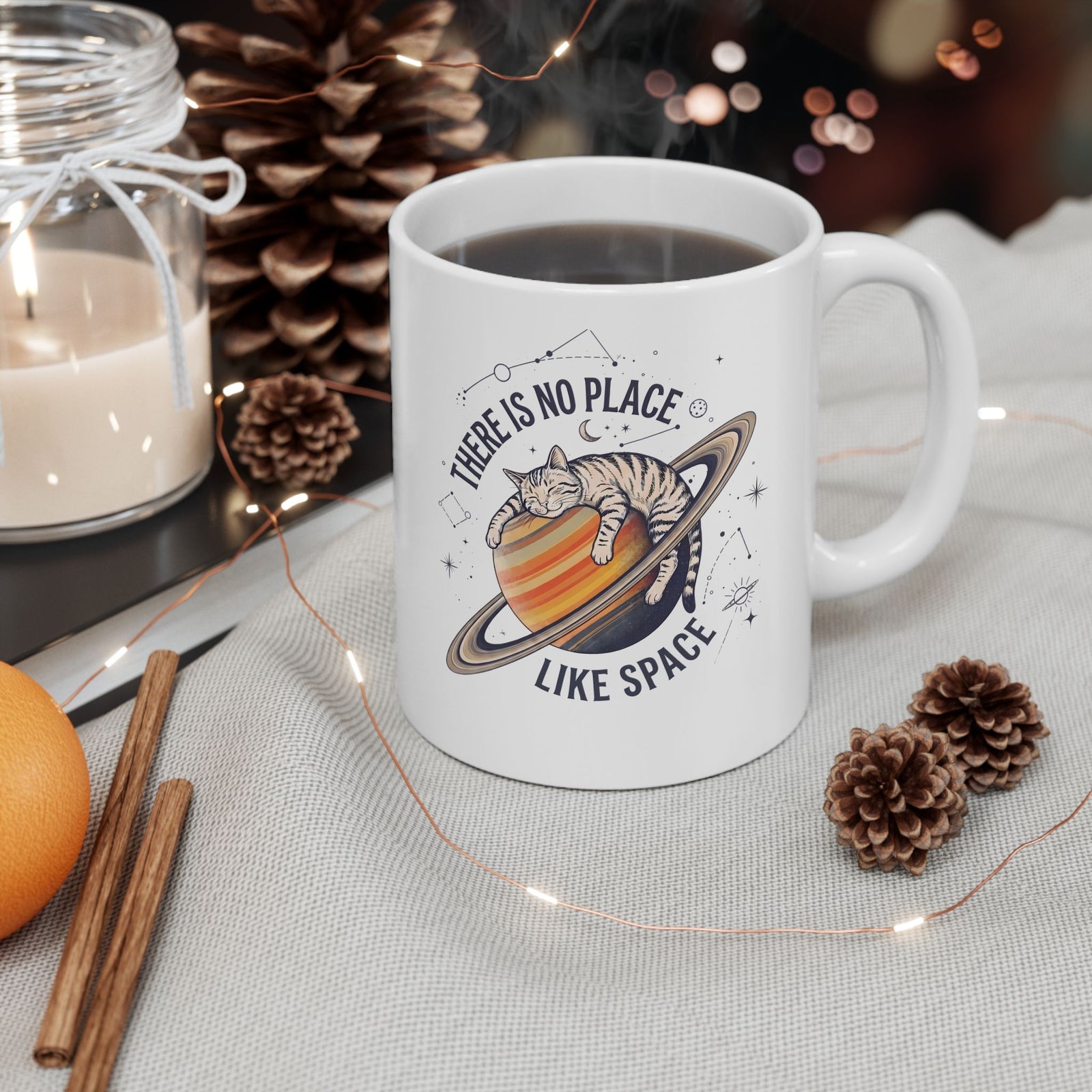 There Is No Place Like Space Ceramic Mug — Funny Sleeping Cat Saturn Mug
