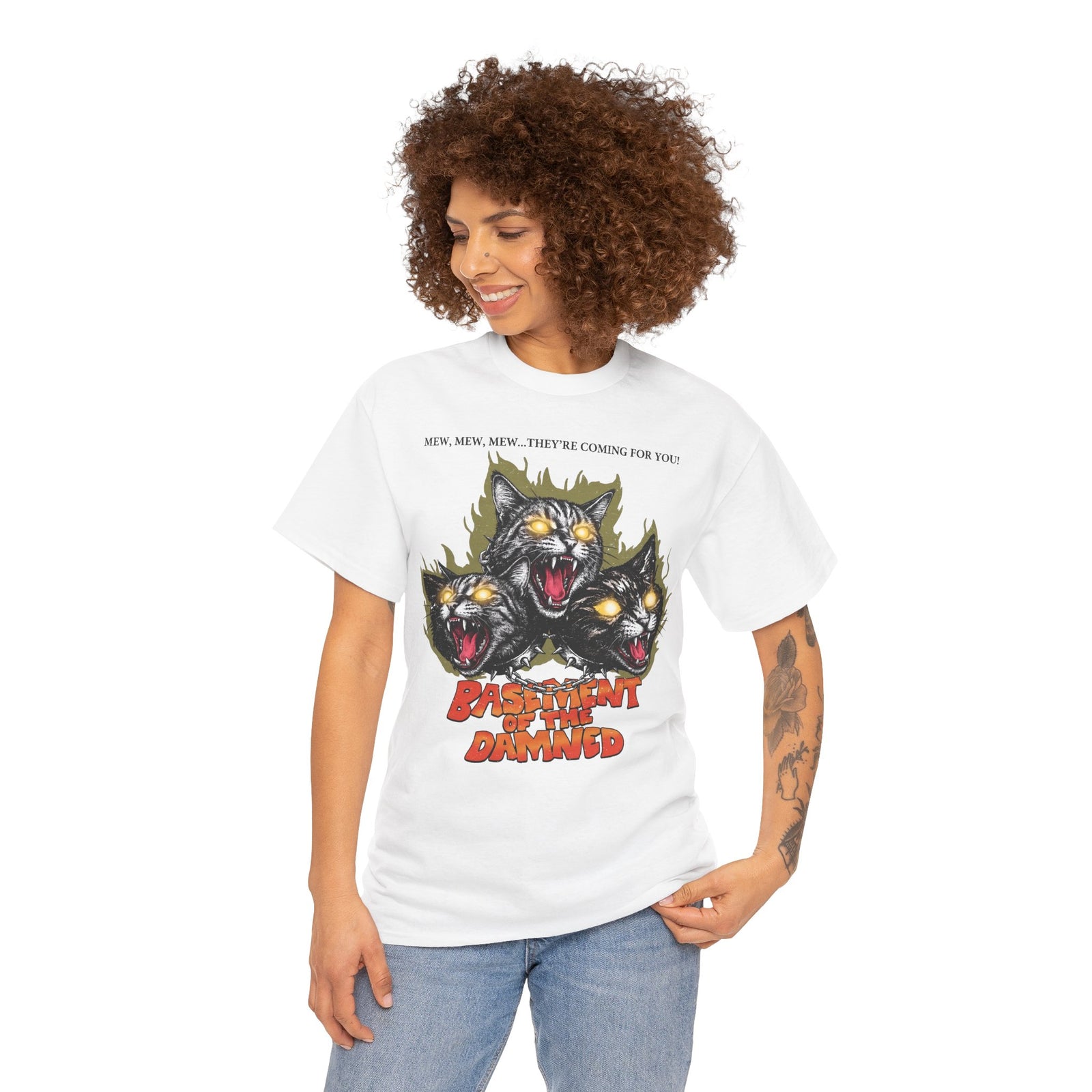 Mew Mew They're Coming For You Cerberus Cat T-Shirt — Basement Of The Damned Tee