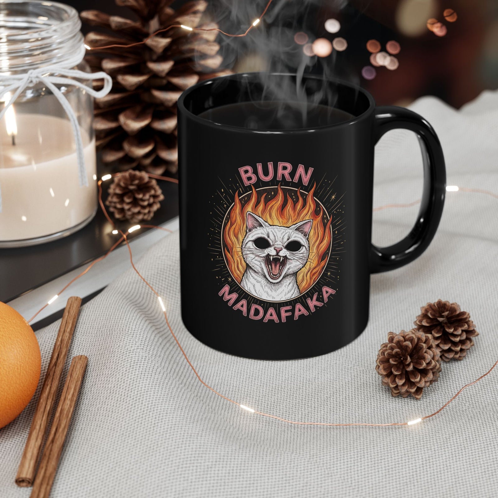Burn Madafaka Cat Black Mug — Edgy Hellfire Feline Graphic Mug
