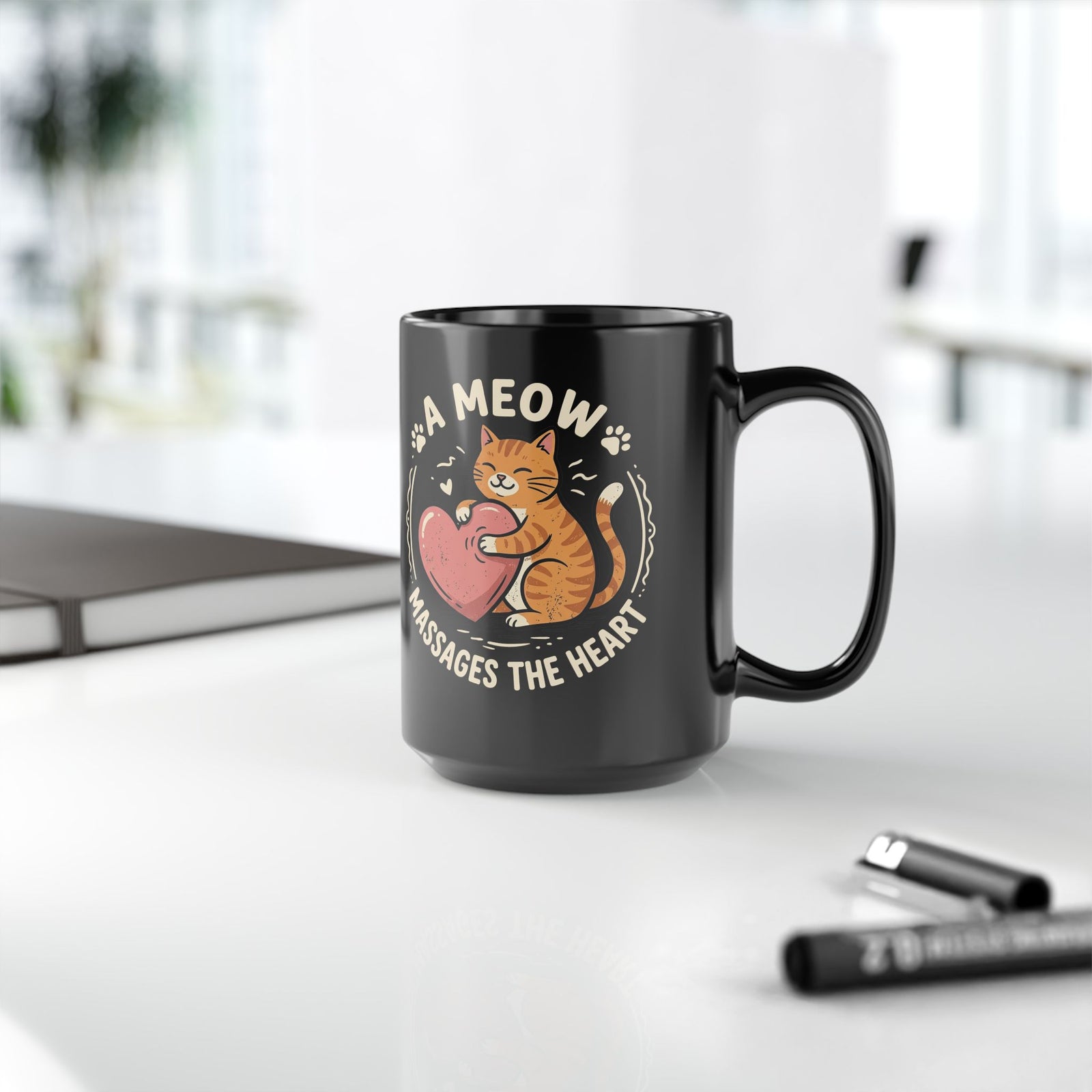 'A Meow Massages The Heart' Cat Black Mug