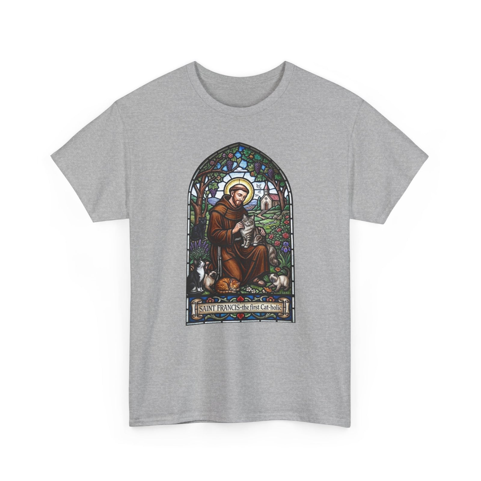 Saint Francis Cat T-Shirt — "SAINT FRANCIS — the first Cat-holic"
