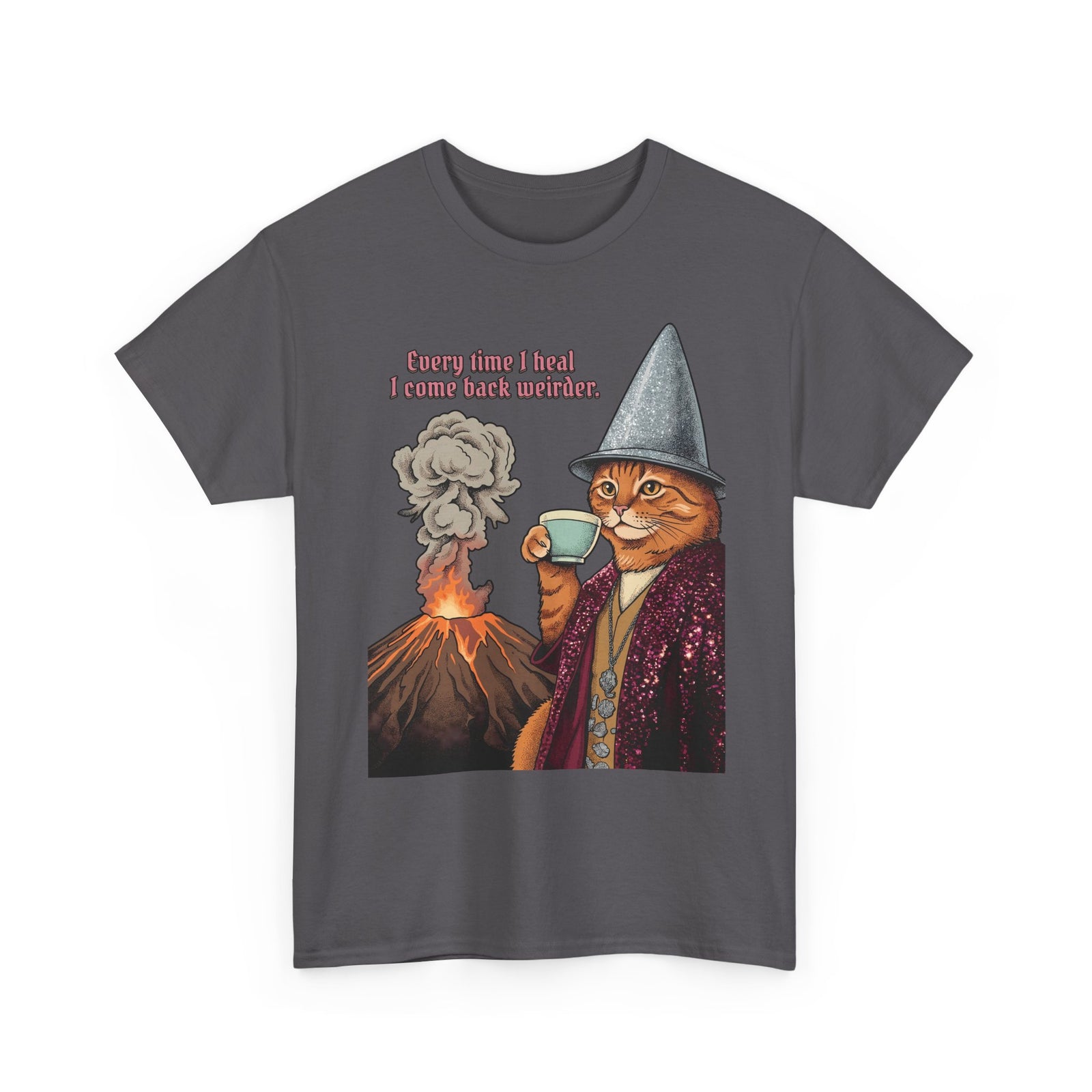 Weird Healing Journey Cat T-Shirt — Retro Feline Tea Time Aesthetic Shirt