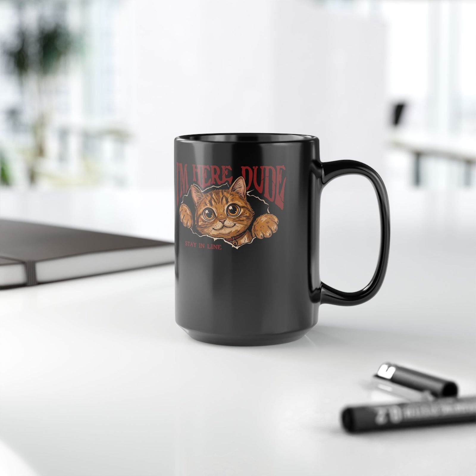I'm Here Dude Cat Black Mug — Funny Orange Tabby Ripped Graphic Mug