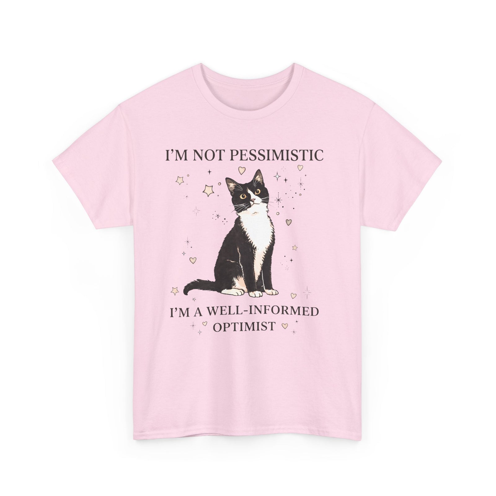 Well-Informed Optimist Tuxedo Cat T-Shirt — Funny Sarcastic Feline Graphic Tee