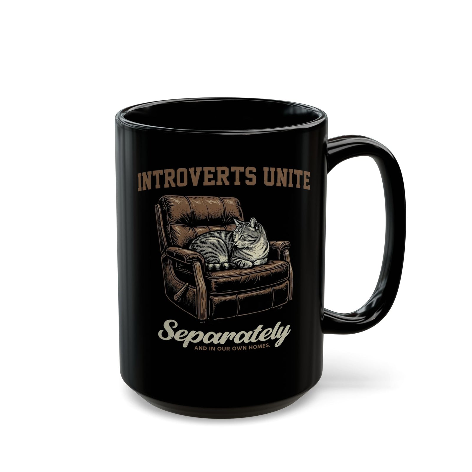 Introverts Unite Cat Black Mug — Funny Cat Graphic Mug for Introverts
