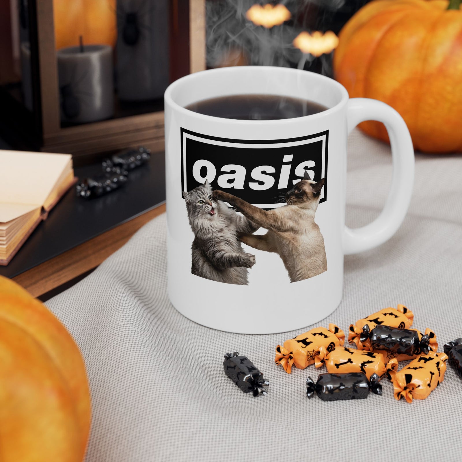 Oasis Cat Fight Ceramic Mug — Desert Cat Battle Graphic Mug
