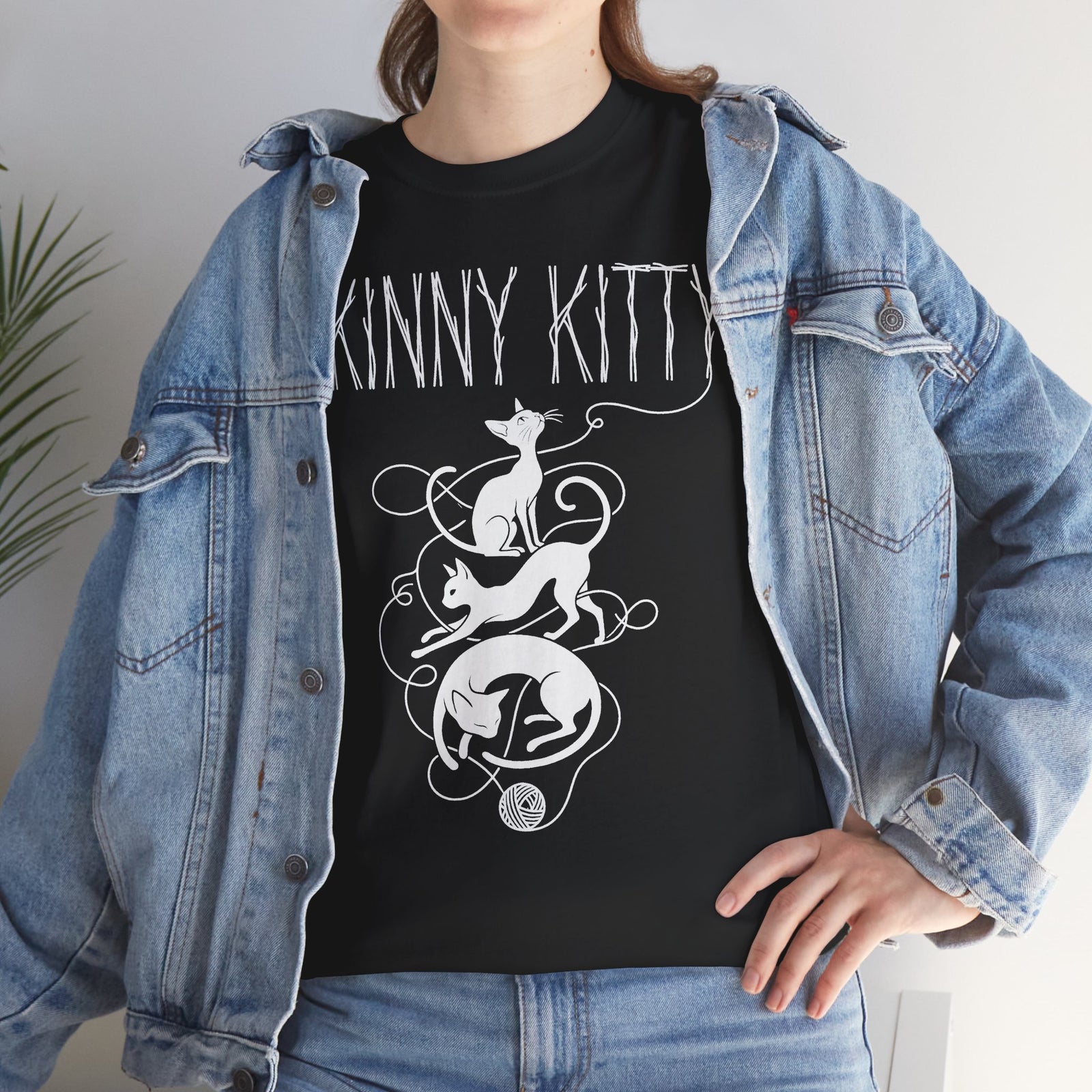 Skinny Kitty Graphic Tee — White Cat Silhouette Shirt for Cat Lovers