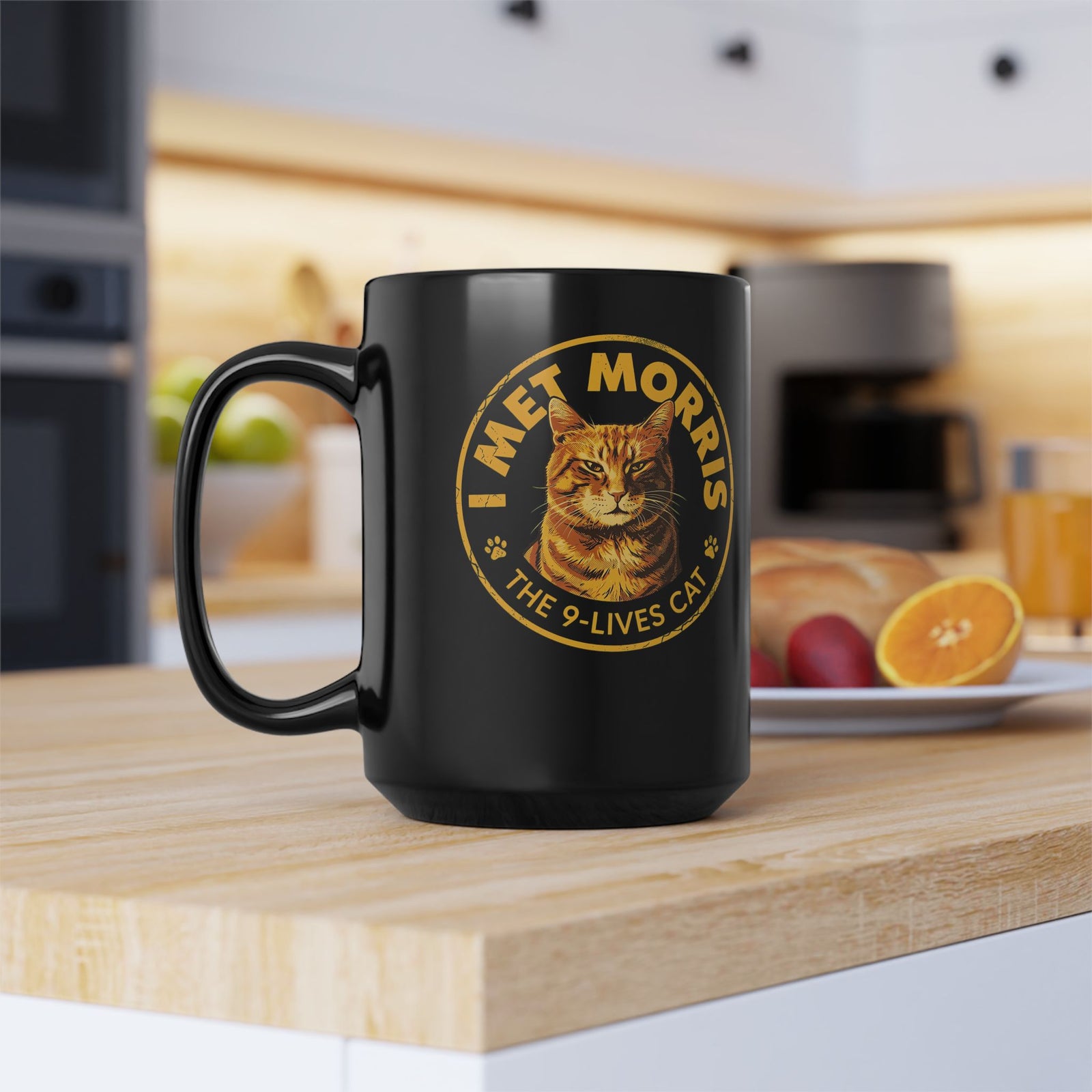 Cat Black Mug — "I Met Morris" 9-Lives Vintage Cat Graphic Mug