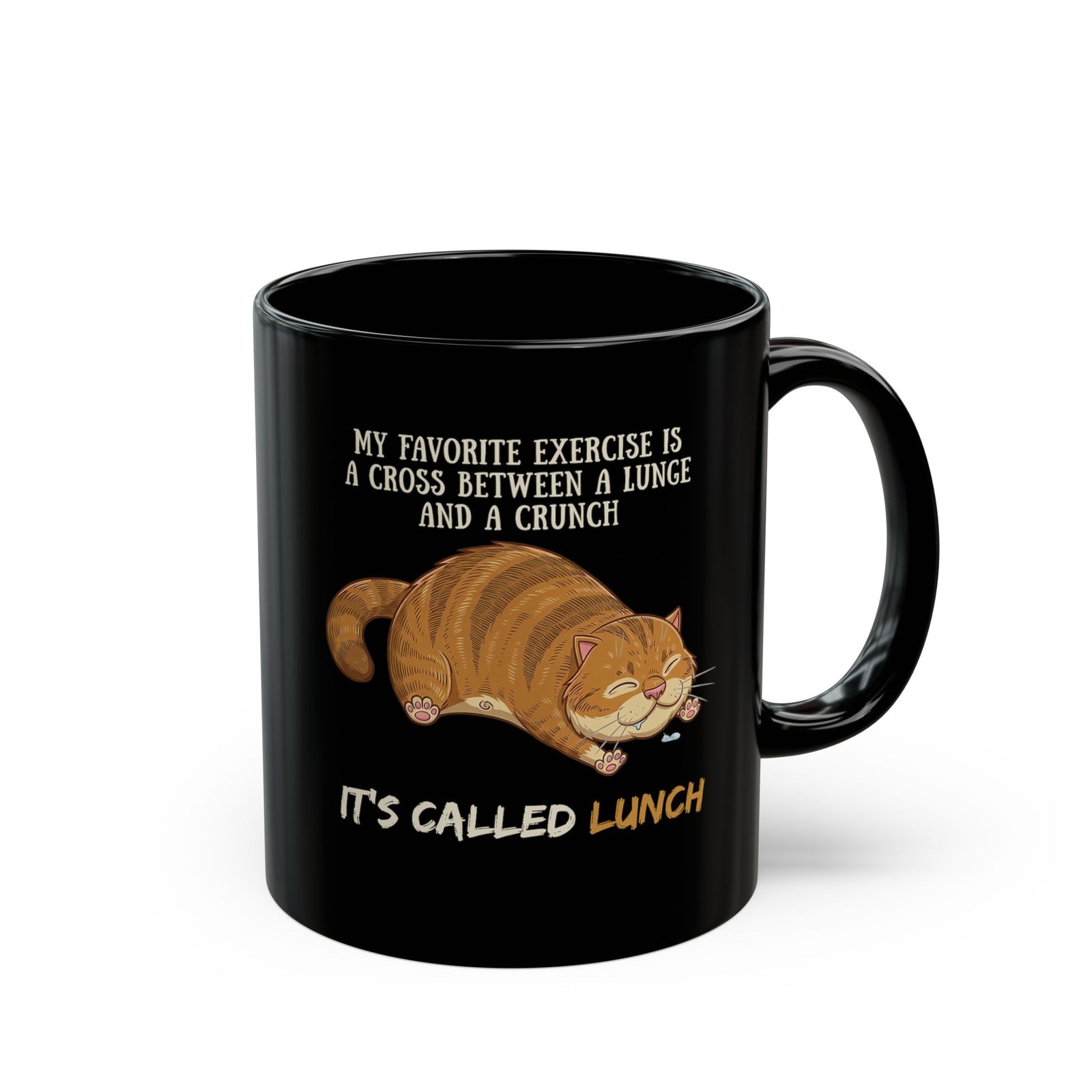 Funny Workout Cat Black Mug — "Lunge Crunch Lunch"
