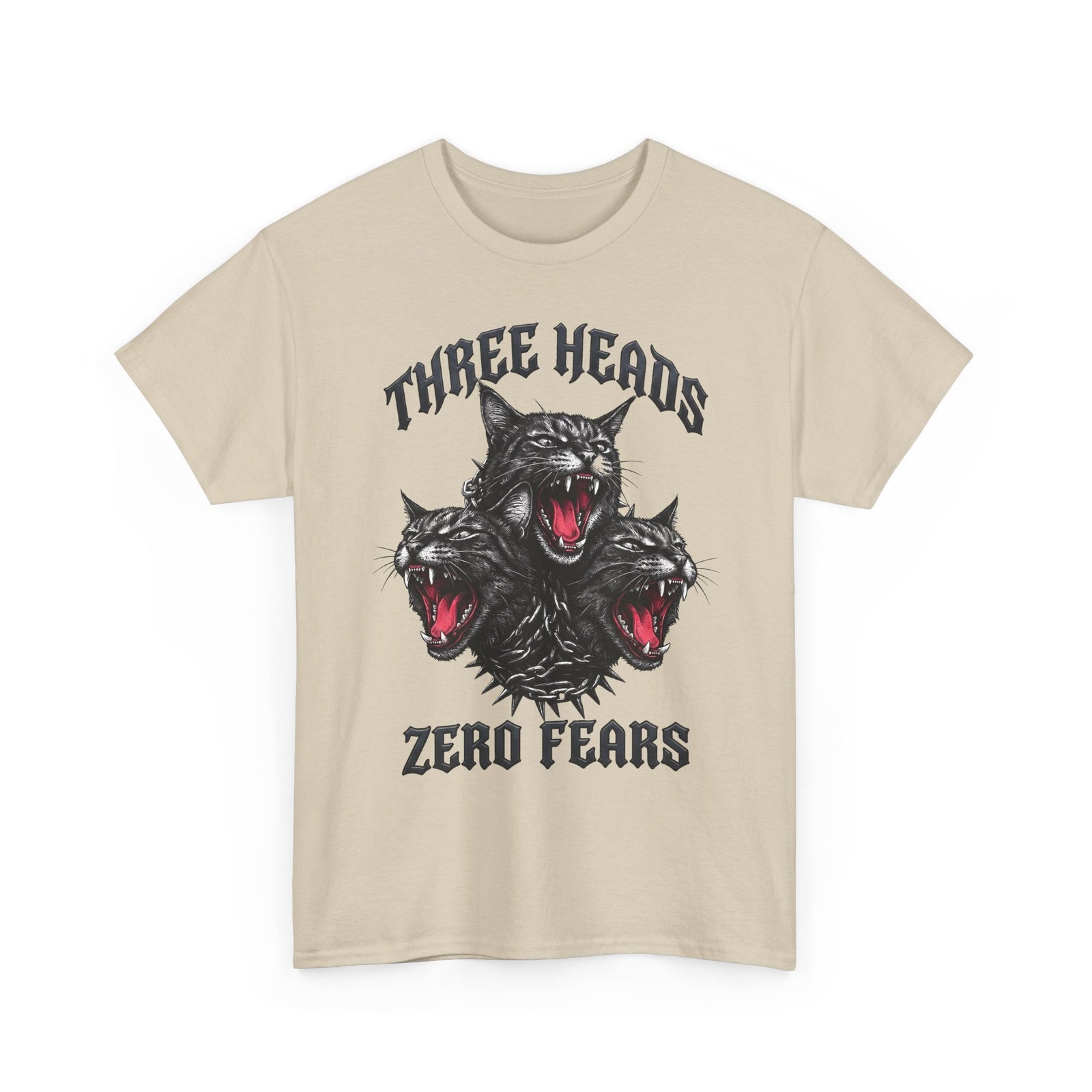 Three Heads Zero Fears Cerberus Cat Shirt — Gothic Metal Feline T-Shirt