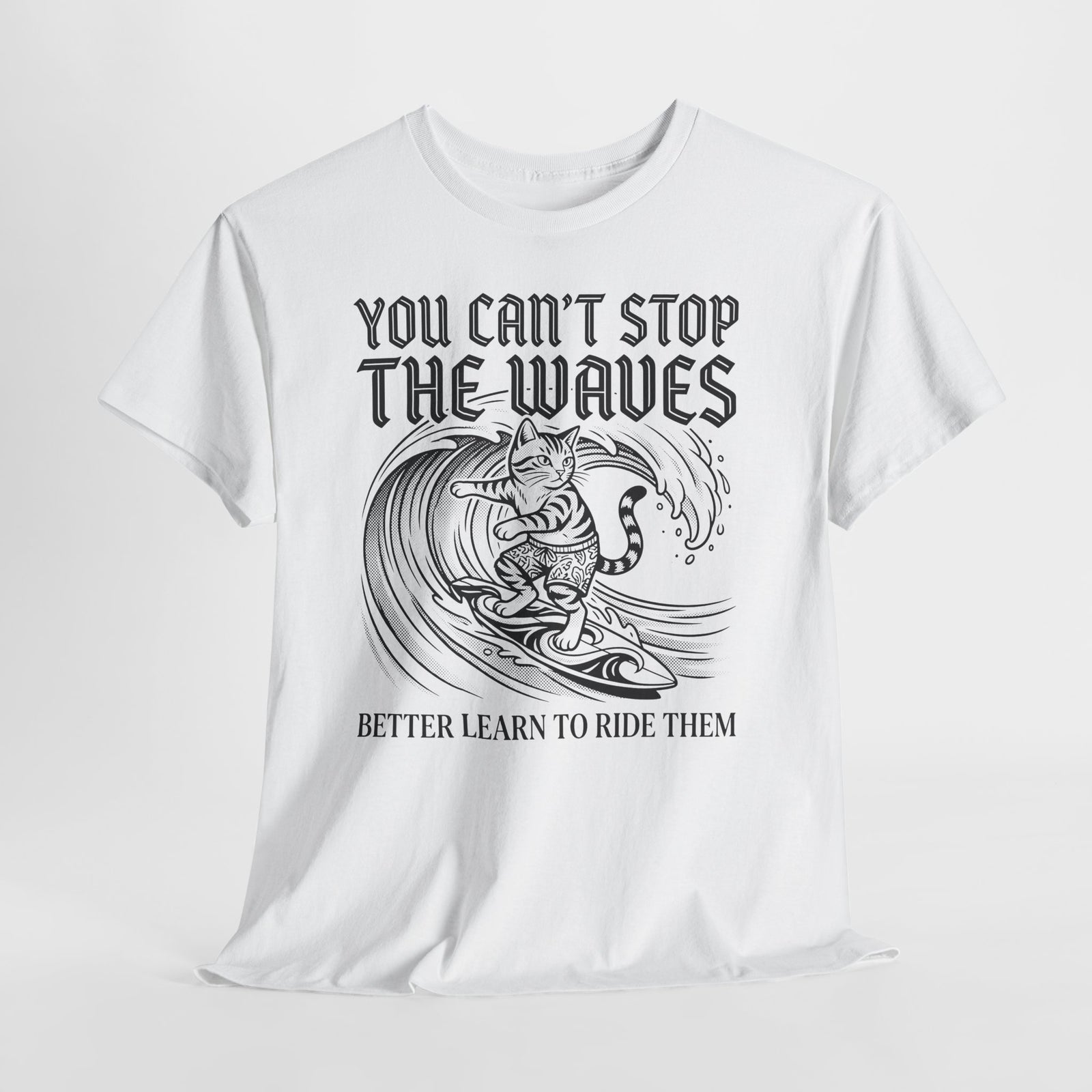 Vintage Surfer Cat T-Shirt — Monochrome Ocean Waves Graphic Tee