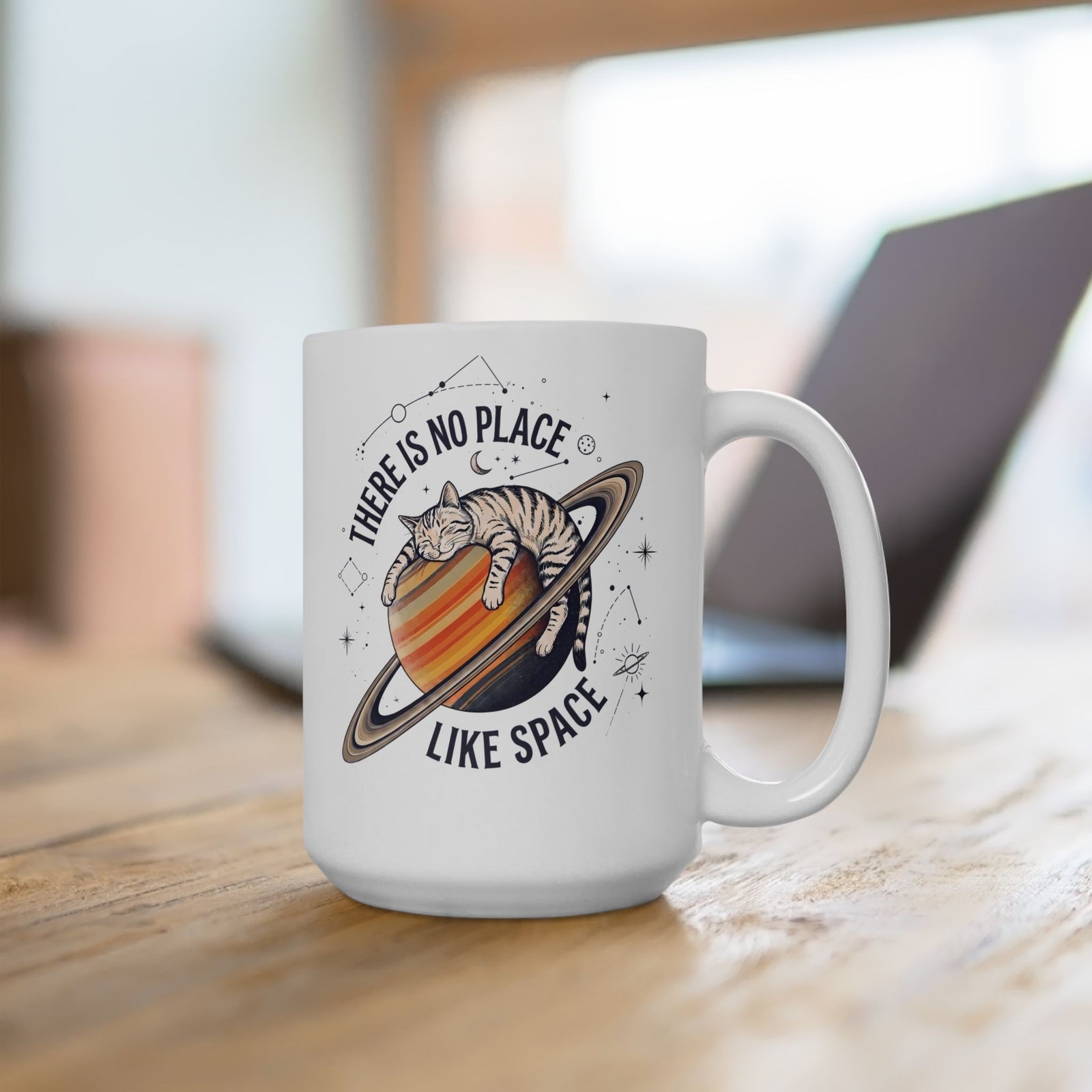 There Is No Place Like Space Ceramic Mug — Funny Sleeping Cat Saturn Mug