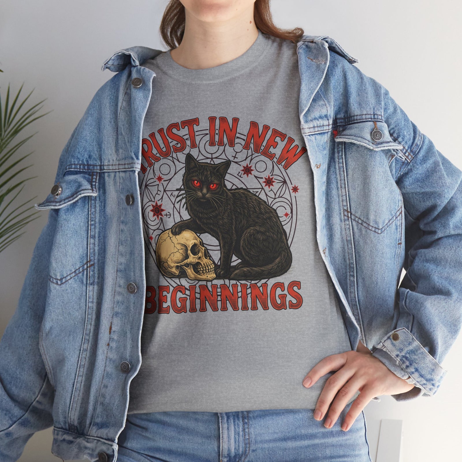 Trust In New Beginnings Cat T-Shirt — Occult Black Cat Skull Gothic Tee