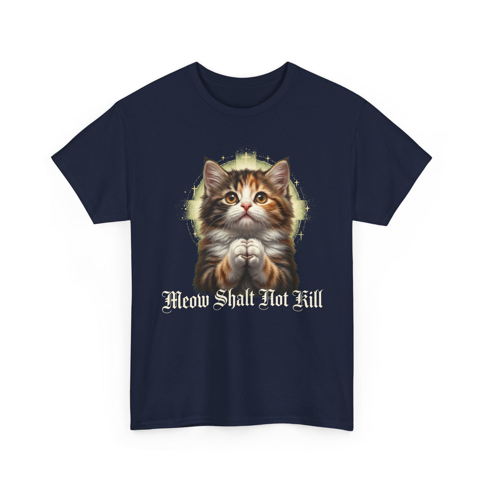 Praying Kitten T‑Shirt — "Meow Shalt Not Kill" Cute Vintage Cat Tee