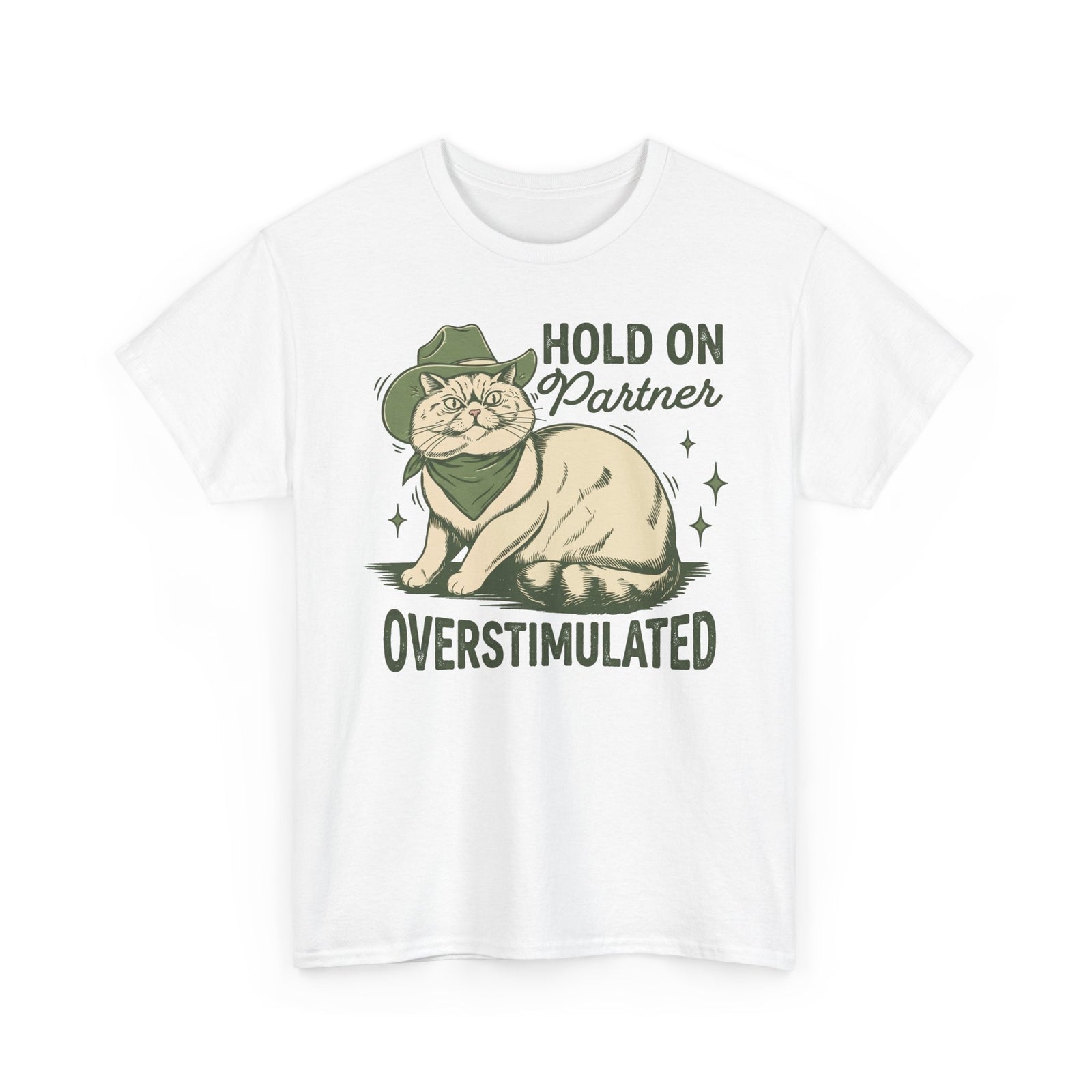 Hold On Partner Overstimulated Cat Tee — Funny Cowgirl Cat Graphic T-Shirt