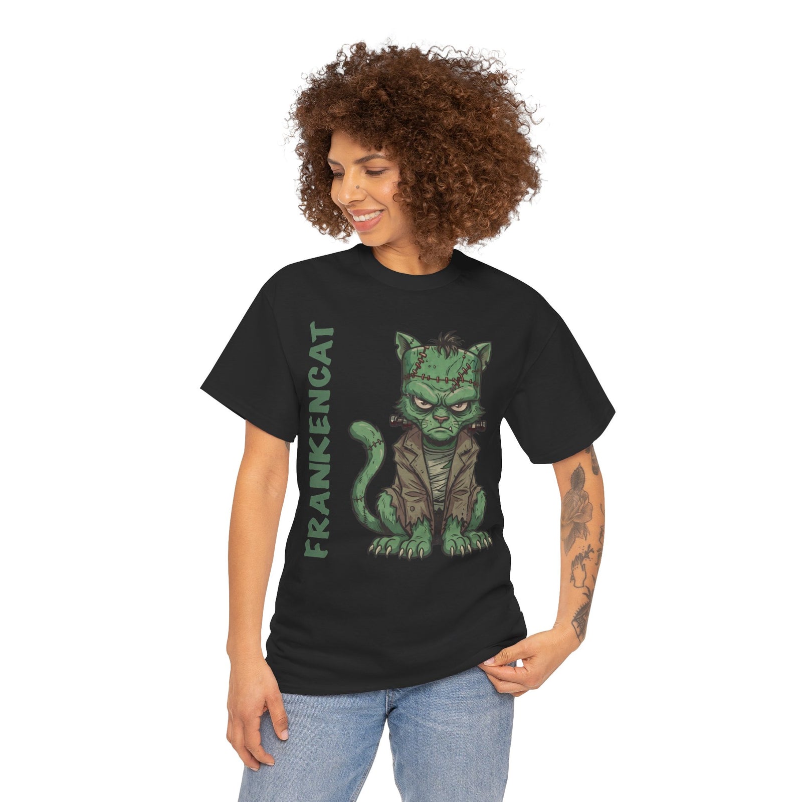 Funny Frankencat Halloween T-Shirt — Green Monster Cat Graphic Apparel