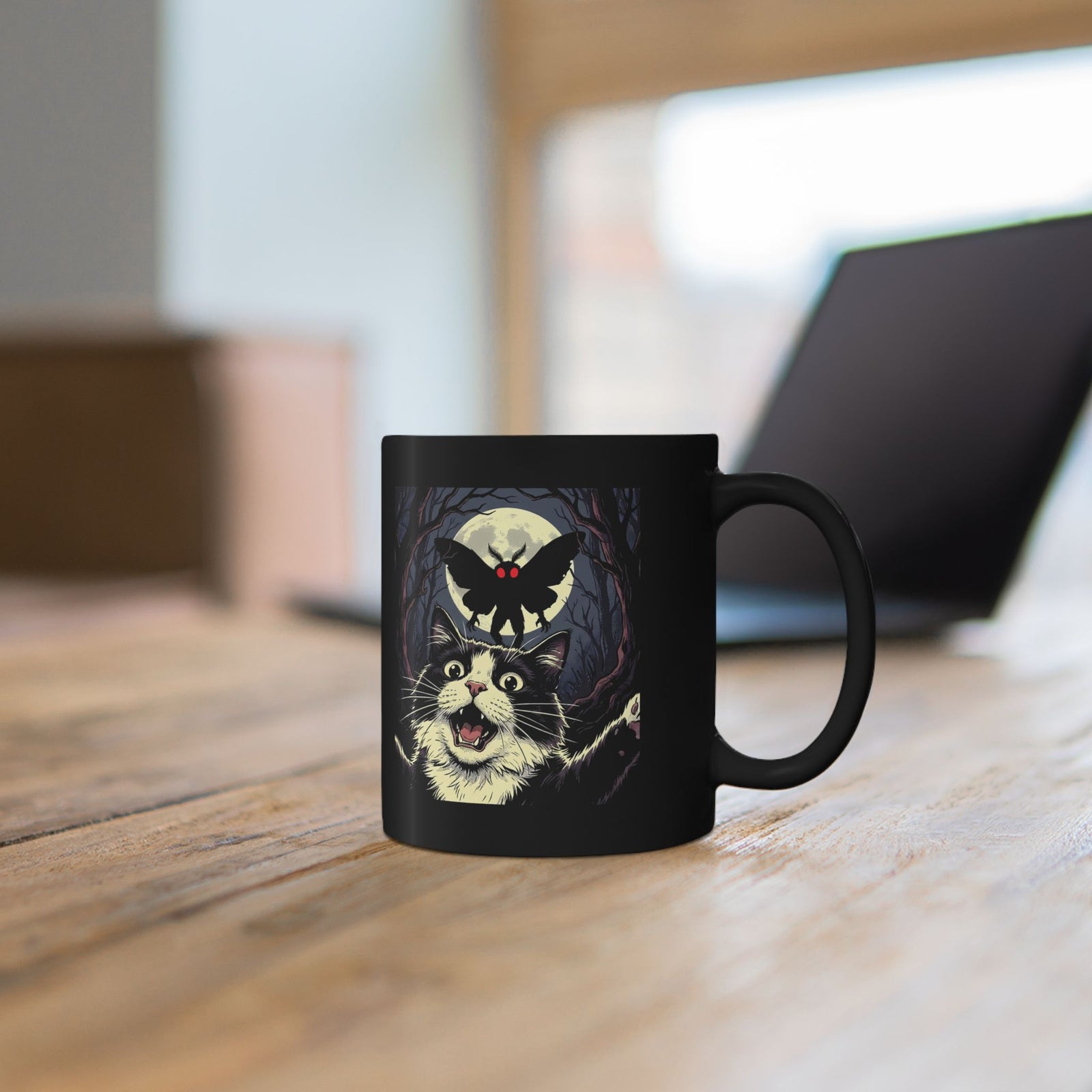 Cat Selfie with Mothman Black Mug