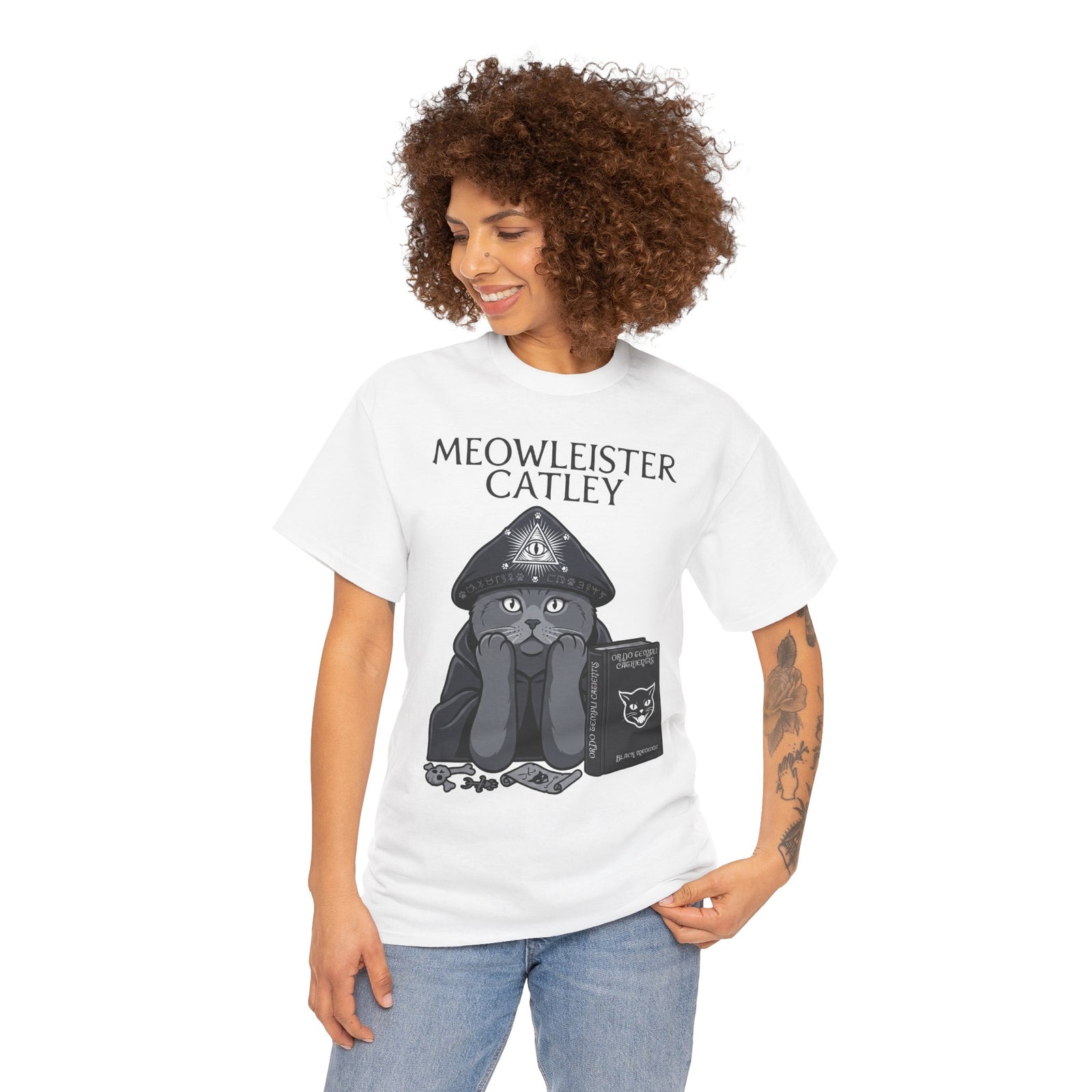 Meowleister Catley T-Shirt — Witchy Cat with Spellbook Graphic