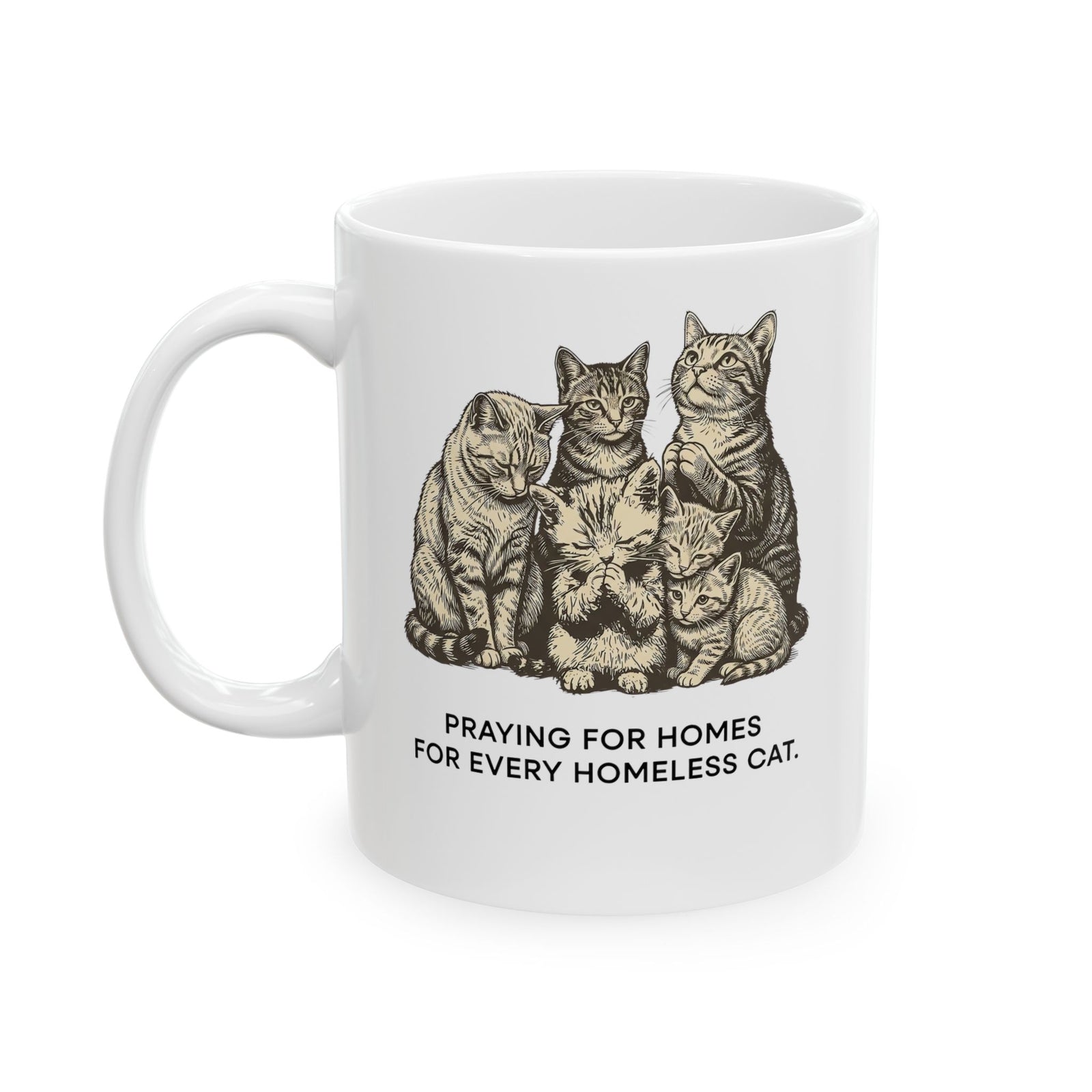 Cat Rescue Ceramic Mug — "Praying for Homes for Every Homeless Cat" Vintage Cat Rescue Mug