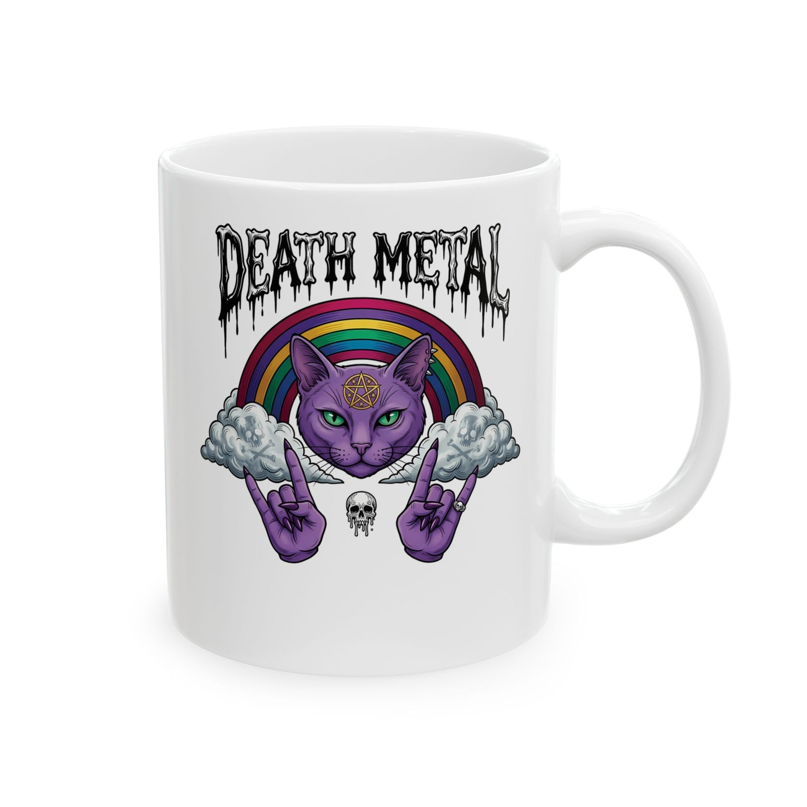Death Metal Cat Ceramic Mug — Gothic Black Cat Mug for Metal Fans