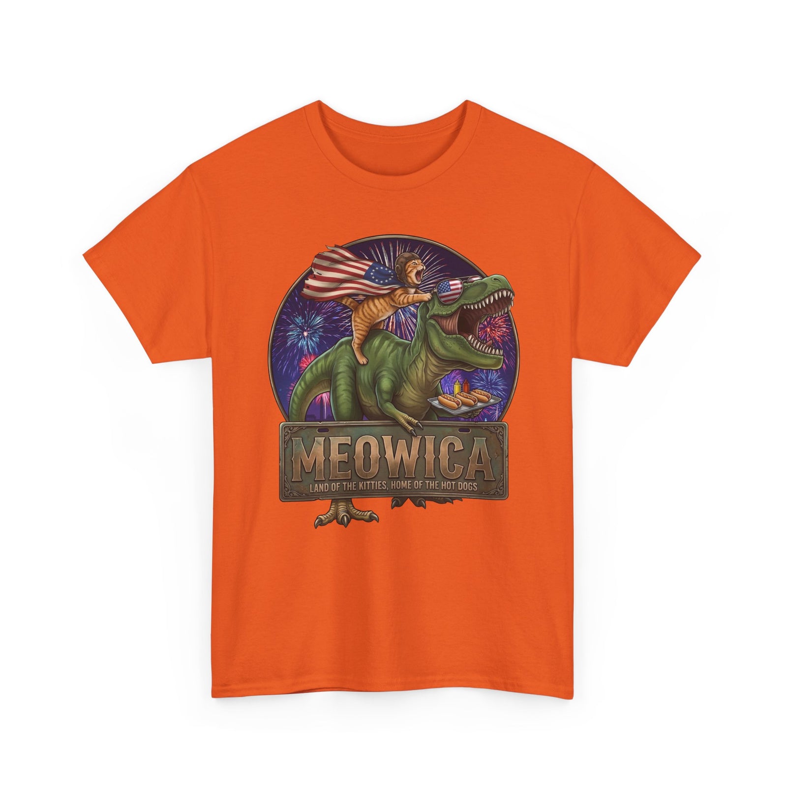 4th of July Cat Riding T‑Rex T‑Shirt "Meowica: Land of the Kitties" Patriotic Graphic