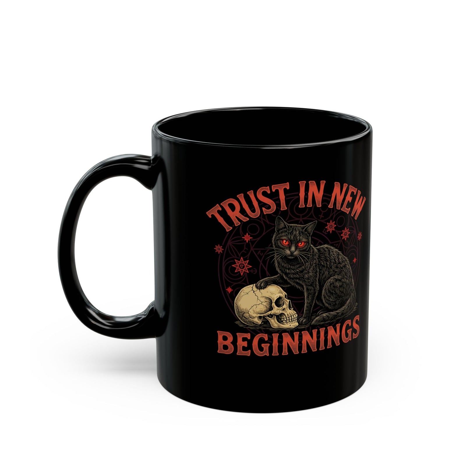 Trust In New Beginnings Cat Black Mug — Occult Black Cat Skull Gothic Mug