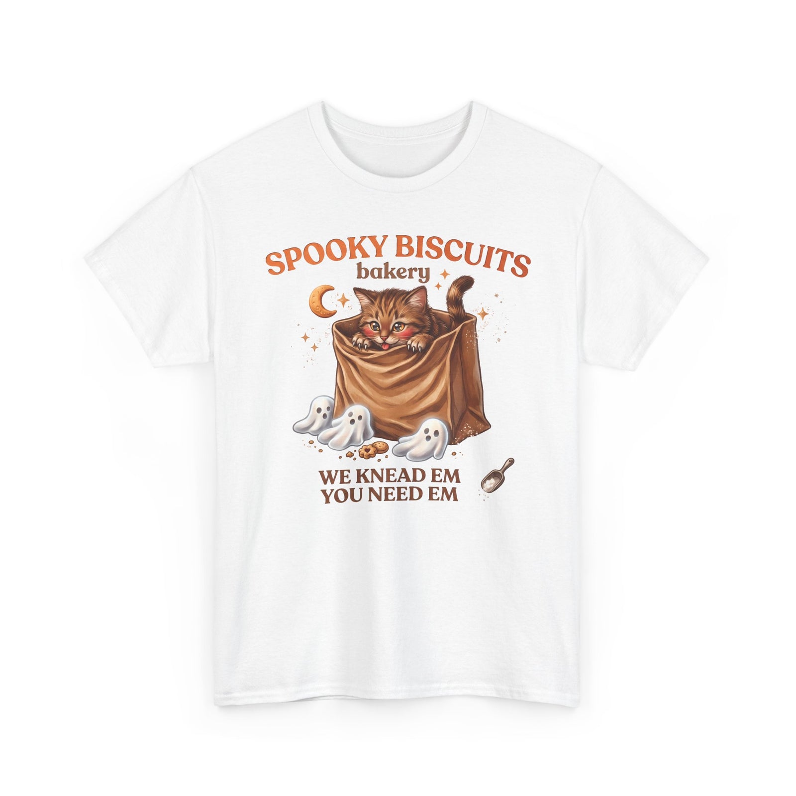 Spooky Biscuits Bakery Cute Tabby Cat T-Shirt — Whimsical Kneading Feline Tee