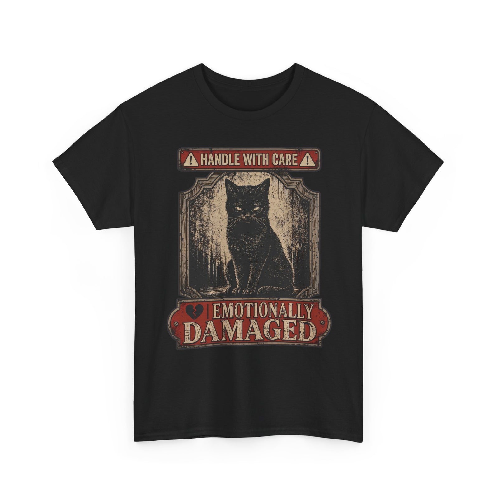 Emotionally Damaged Cat T-Shirt – "Handle With Care" Vintage Black Tee