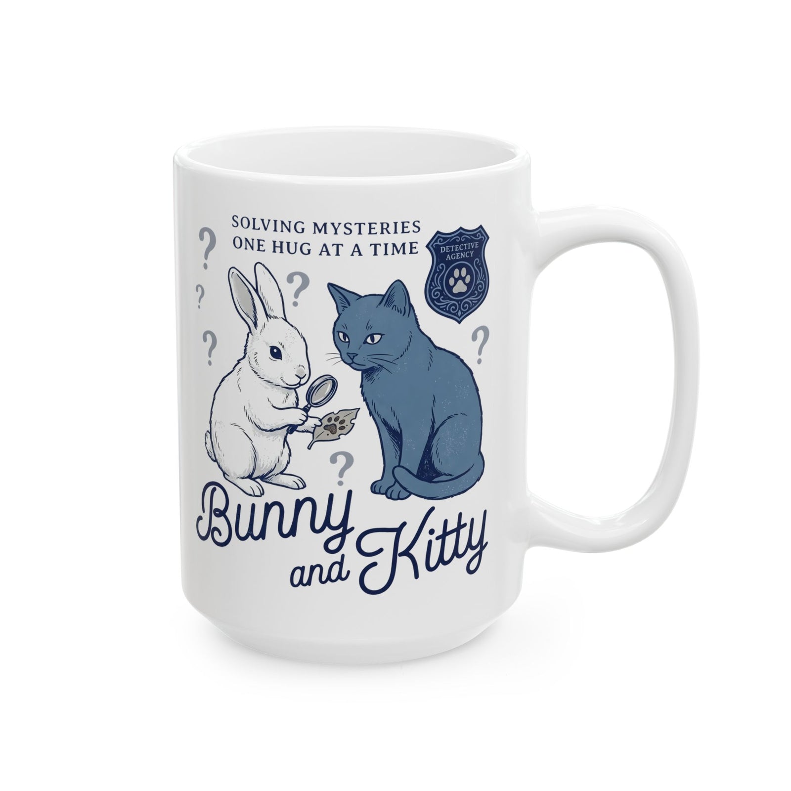 Detective Bunny & Kitty Ceramic Mug — Cute 'Solving Mysteries One Hug At A Time' Mug