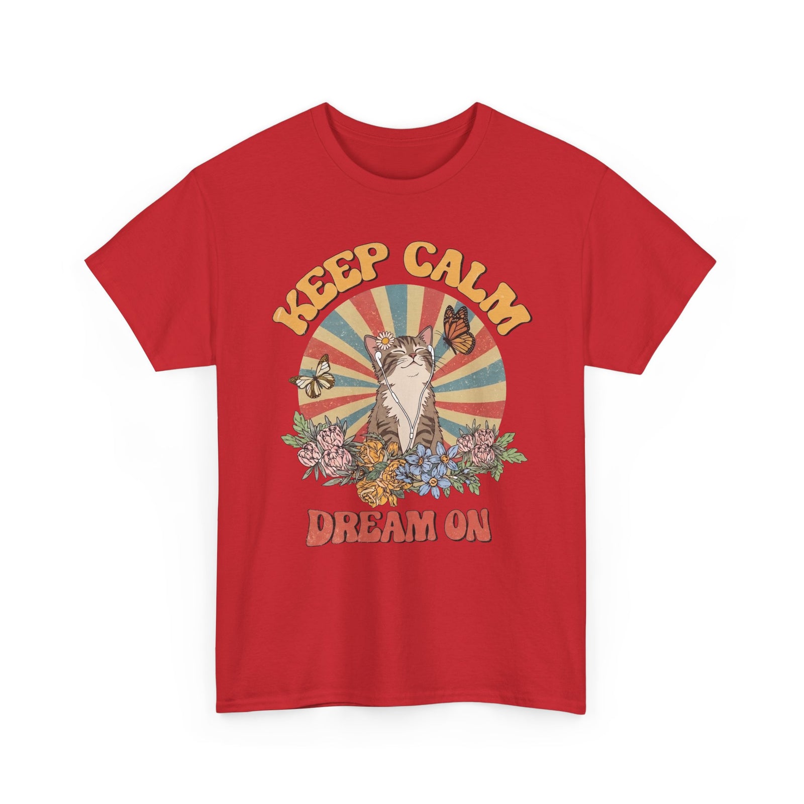 Keep Calm Dream On Cat T-Shirt — Retro 70s Hippie Feline Graphic