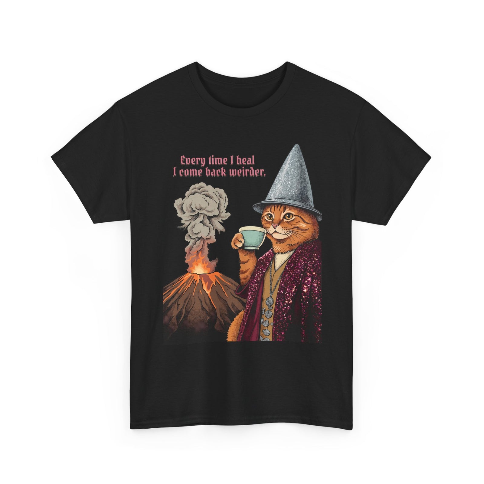 Weird Healing Journey Cat T-Shirt — Retro Feline Tea Time Aesthetic Shirt