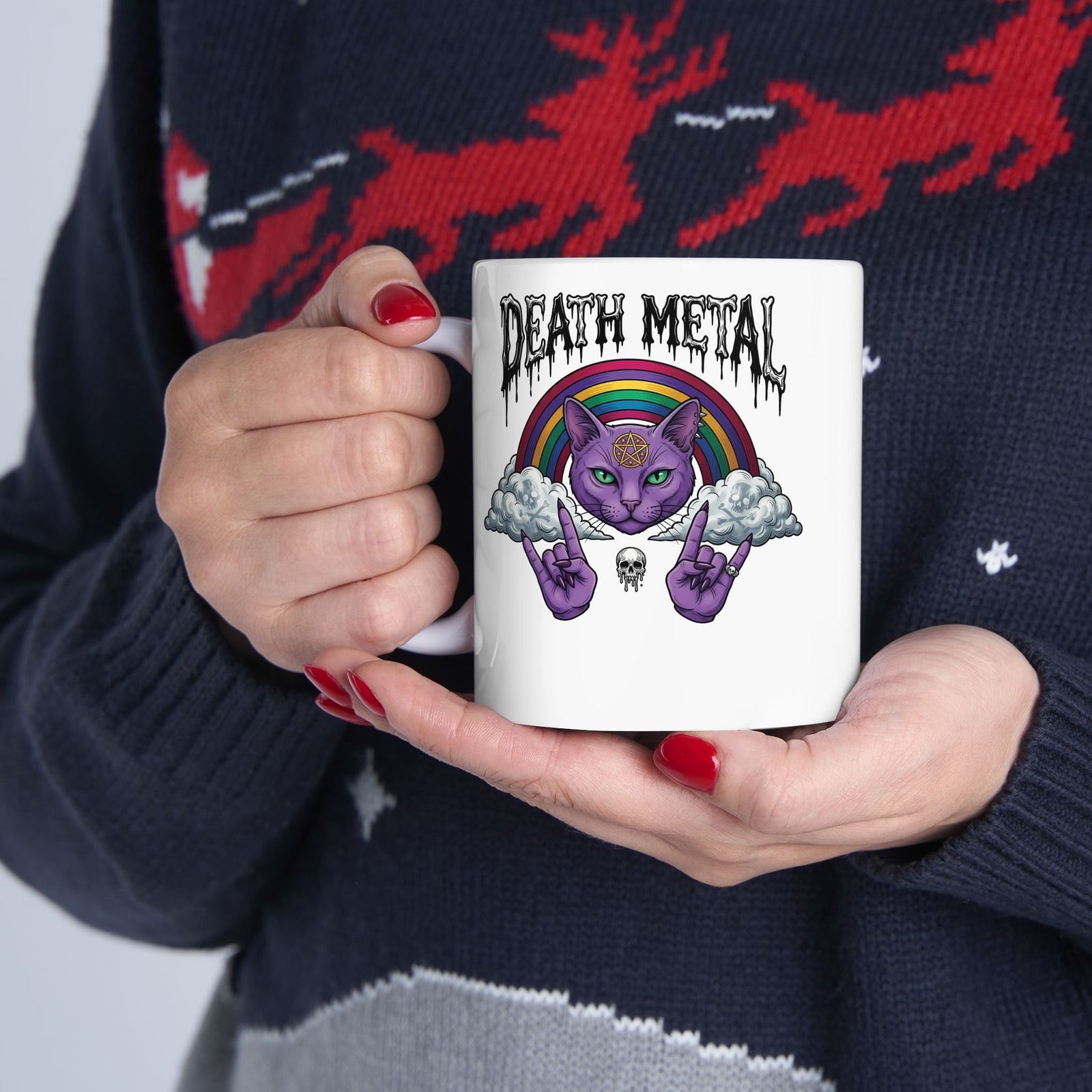 Death Metal Cat Ceramic Mug — Gothic Black Cat Mug for Metal Fans